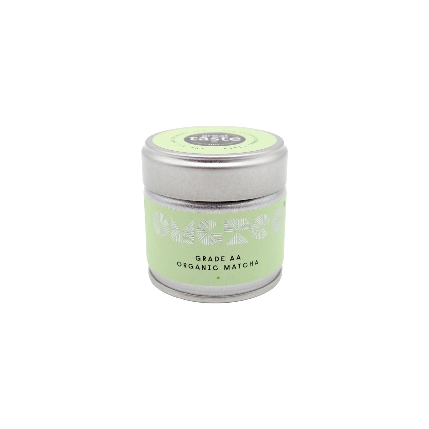 A small silver tin labeled Grade AA Organic Matcha Tea - 30g is centered on a white background, featuring a light green label.