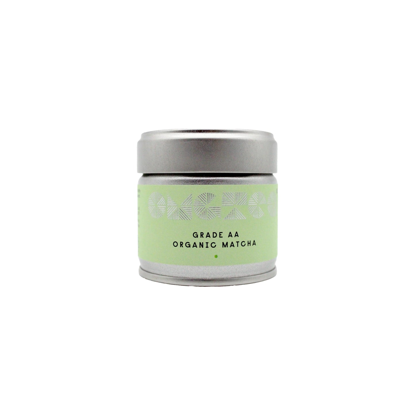A small tin labeled Grade AA Organic Matcha Tea - 30g features a light green label and silver lid, holding premium Japanese matcha—ideal for enjoying authentic, organic matcha tea.