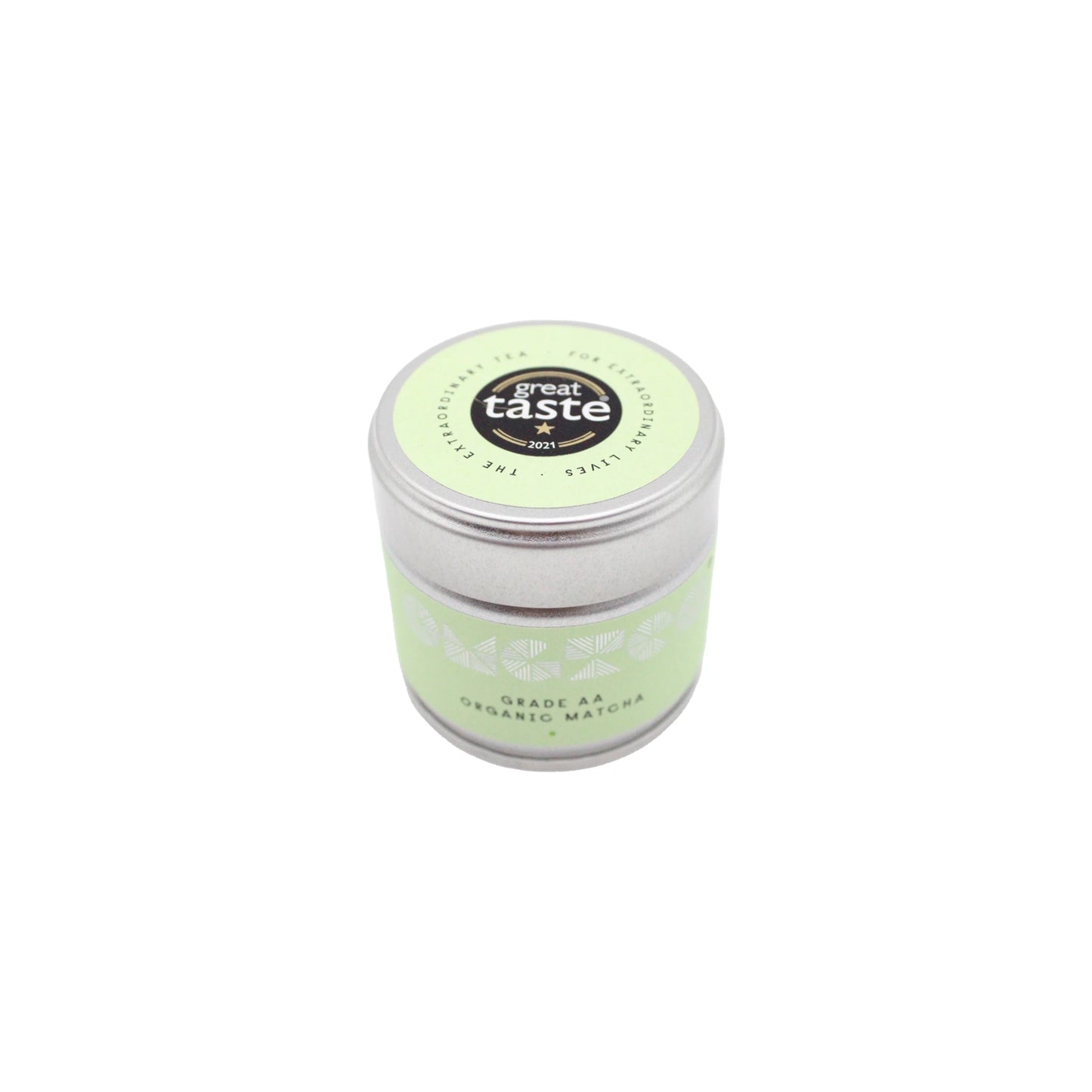 
                  
                    A silver tin labeled Grade AA Organic Matcha Tea -30g, filled with premium Japanese matcha, features a green lid adorned with a Great Taste 2017 award sticker.
                  
                