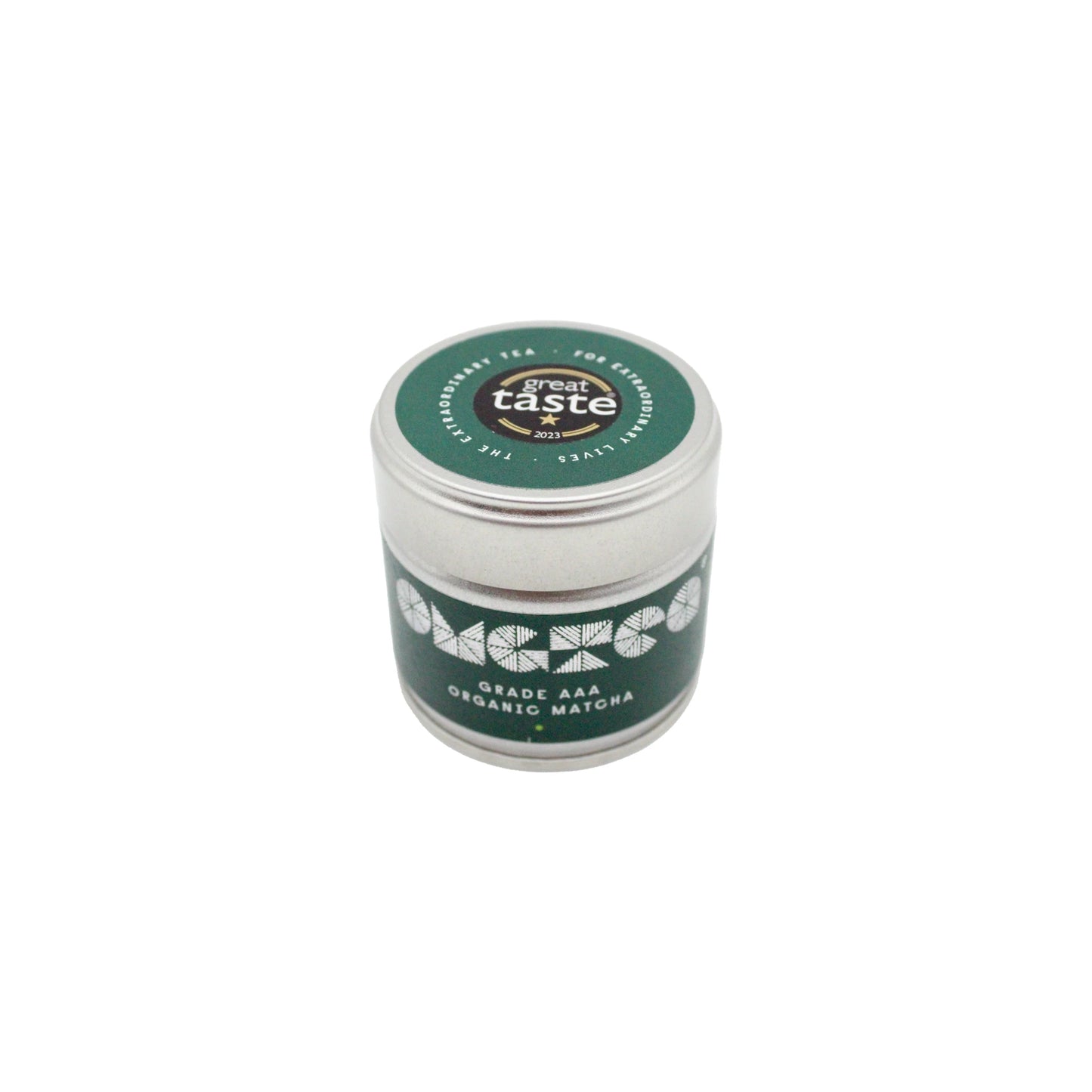 
                  
                    A 30g tin of AAA Grade Organic Matcha Green Tea with a green lid and “Great Taste” award—ideal for anyone seeking premium matcha quality in each cup.
                  
                