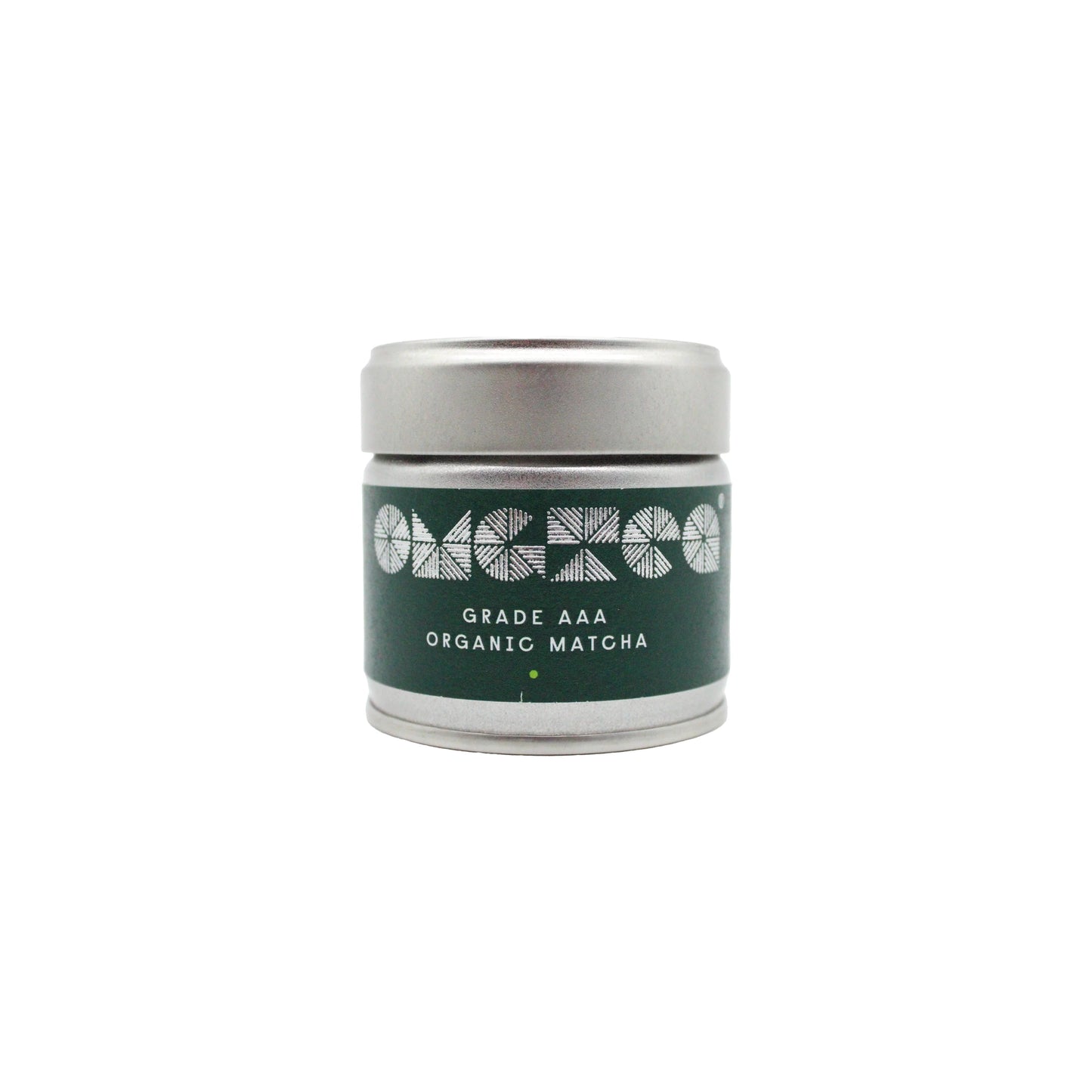 A silver tin labeled AAA Grade Organic Matcha Green Tea – 30g with geometric designs on a green background, displayed against a white backdrop.