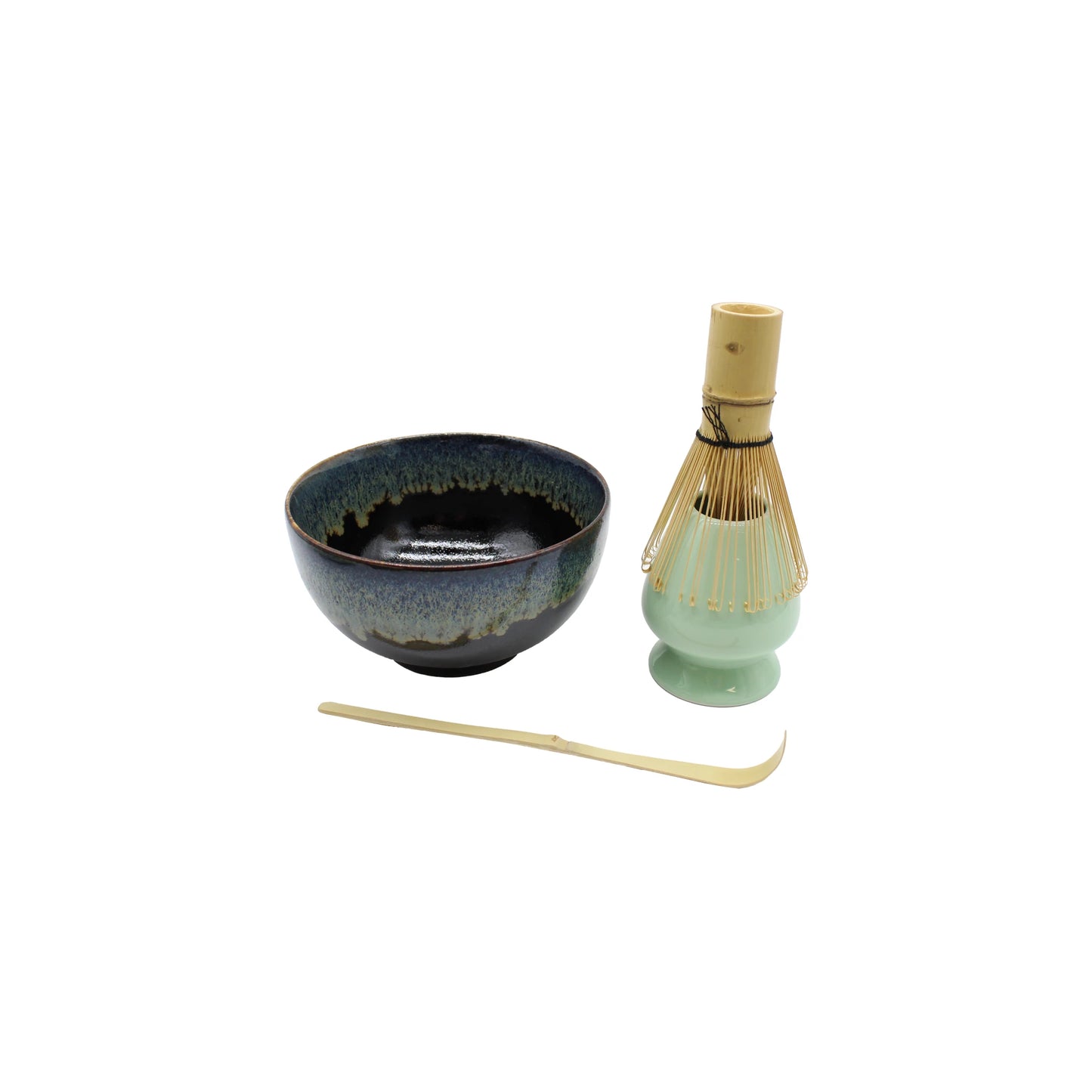 The Matcha Tea Set - Black Cascade features a ceramic bowl, bamboo tea whisk with stand, and bamboo scoop, elegantly arranged on a white background.
