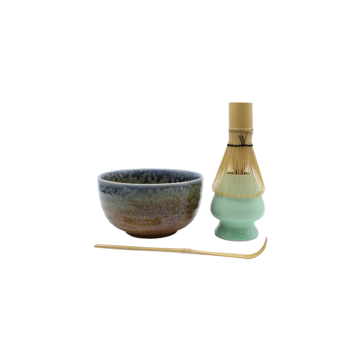 
                  
                    The Matcha Tea Set - Blue & Brown features a ceramic bowl, bamboo whisk with stand, and bamboo scoop on a white background, creating an elegant set ideal for Japanese tea making.
                  
                