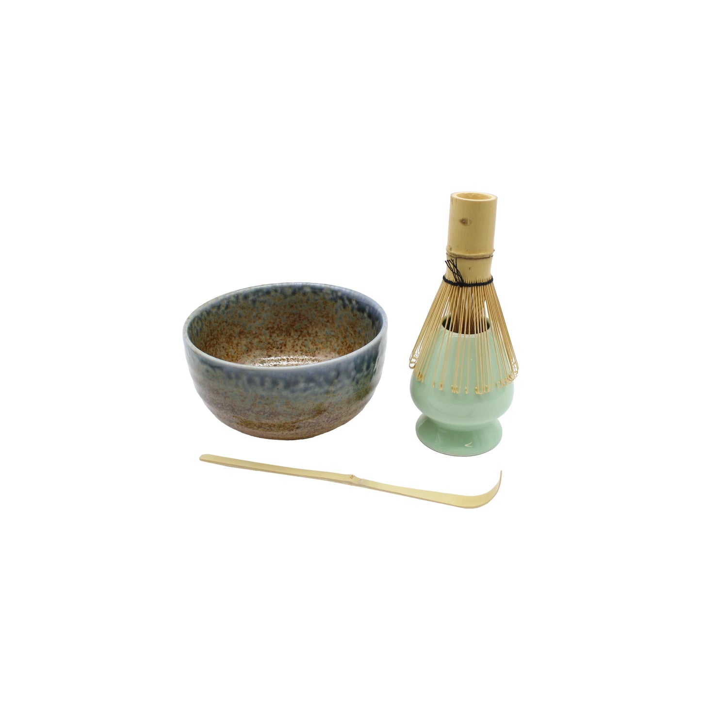 The Matcha Tea Set - Blue & Brown features a ceramic bowl, bamboo whisk with ceramic stand, and bamboo scoop, all arranged on a white background to reflect the elegance of a traditional Japanese tea set.