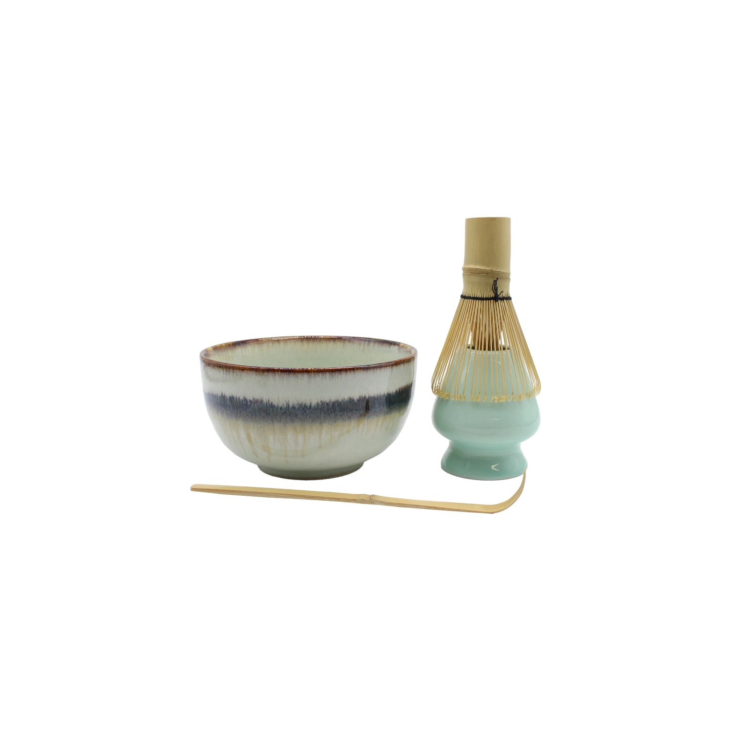 Matcha Tea Set - Green: Includes a ceramic bowl, bamboo whisk with stand, and bamboo tea scoop—an elegant set inspired by the Japanese tea ceremony.