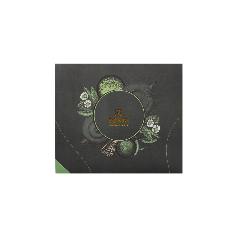 
                  
                    A square black box with green floral designs and Matcha Tea Set - Grey in gold at the center, perfect for a traditional Japanese tea ceremony or as an elegant addition to your matcha tea set.
                  
                
