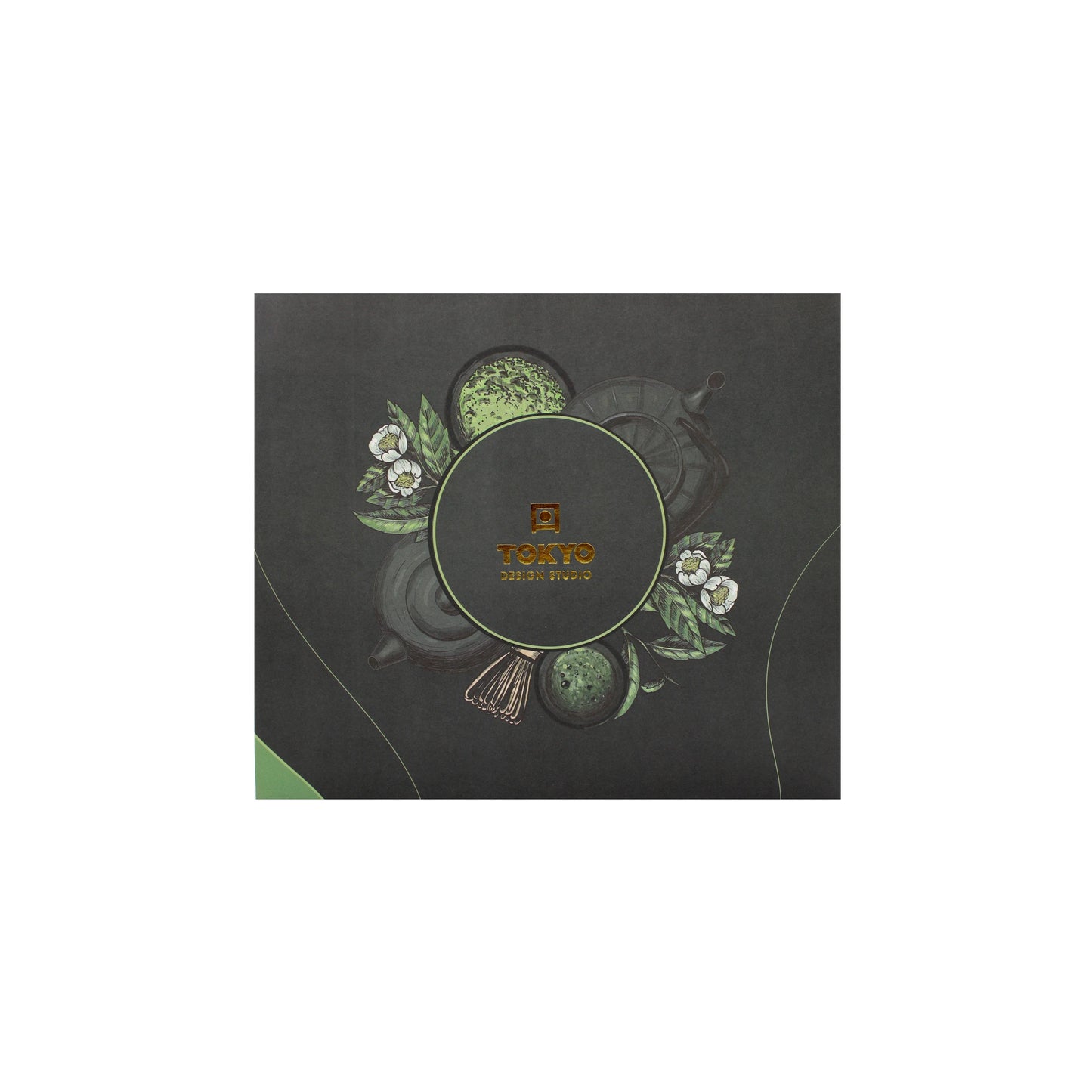 
                  
                    A square black box with green floral designs and Matcha Tea Set - Grey in gold at the center, perfect for a traditional Japanese tea ceremony or as an elegant addition to your matcha tea set.
                  
                