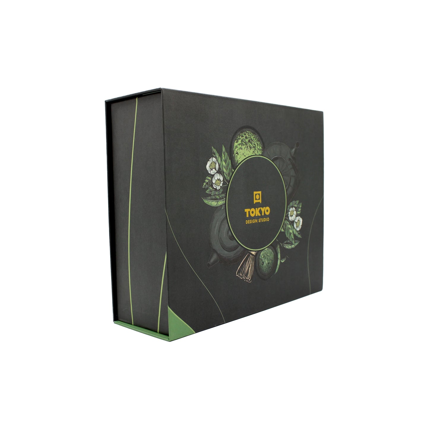 
                  
                    A black rectangular Tokyo Design Studio box with green accents and floral designs, ideal for the Matcha Tea Set - Grey, is shown against a white background.
                  
                
