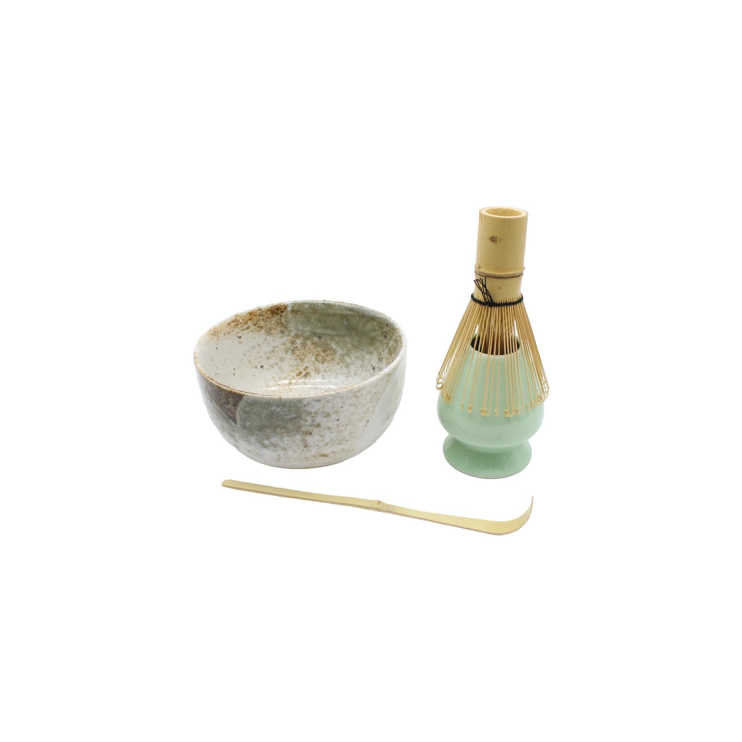 The Matcha Tea Set - Yukishino features a traditional Japanese matcha bowl, bamboo whisk with holder, and scoop, arranged side by side on a white background.