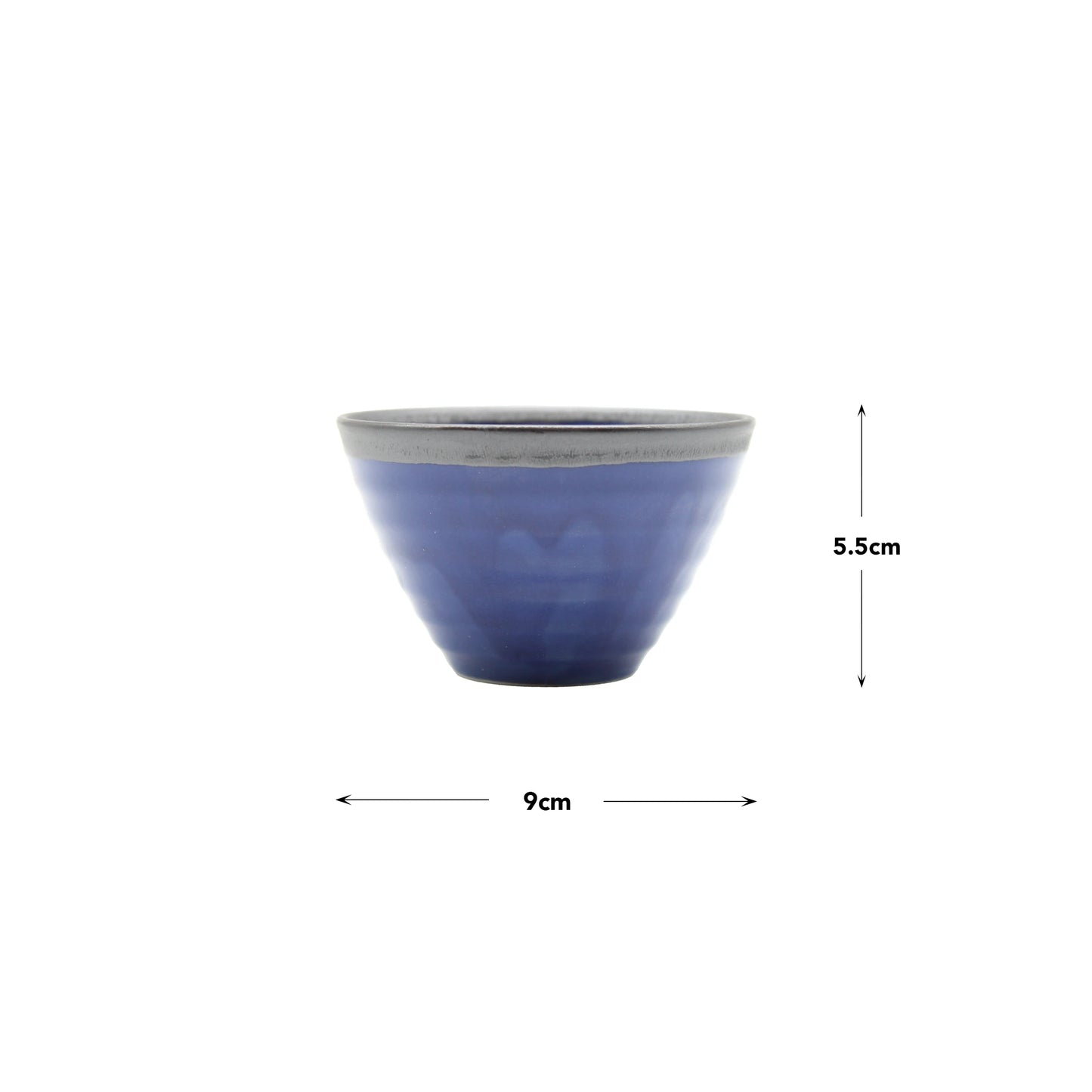 The Sencha Tea Cup - Indigo Blue and Metallic features a blue ceramic body with a gray rim, inspired by traditional Japanese teacups. It measures 9 cm in diameter and 5.5 cm high—ideal for serving Sencha or green tea on any occasion.