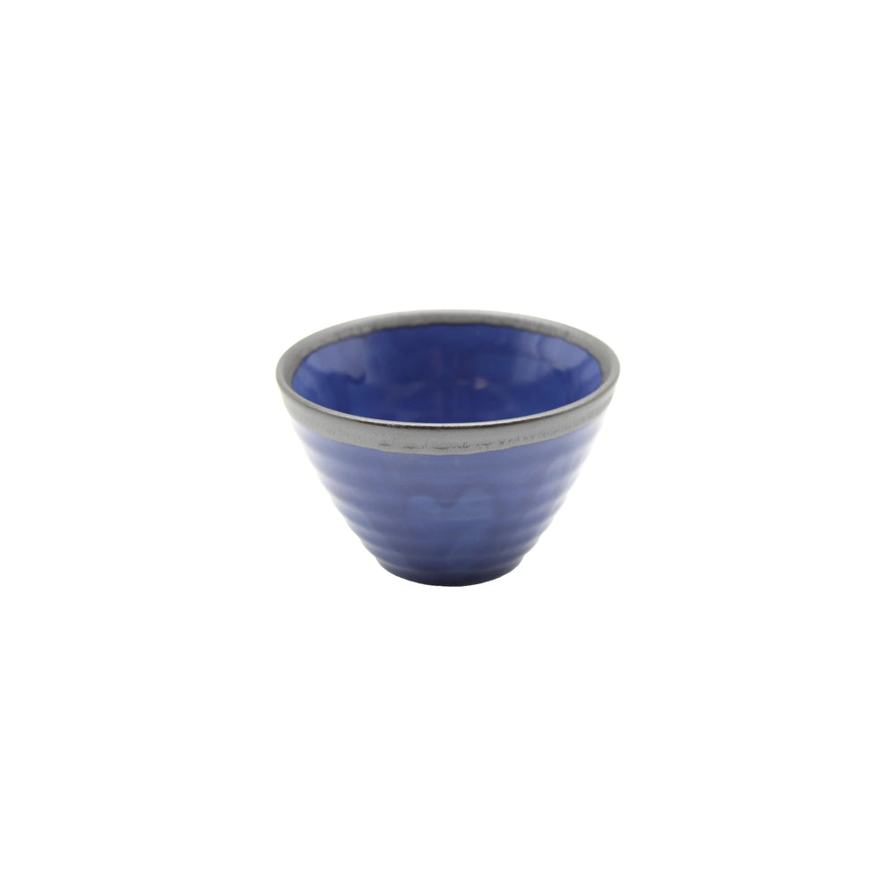The Sencha Tea Cup - Indigo Blue and Metallic is a small, round ceramic bowl with a blue glazed interior and metallic gray rim, inspired by traditional Japanese teacups—ideal for serving Sencha, shown on a plain white background.
