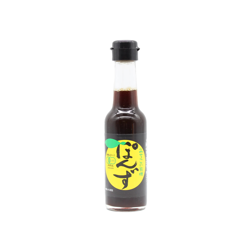 Michikono 3 Citrus Ponzu Sauce (150ml) comes in a glass bottle with a black cap and yellow label decorated with Japanese text and green citrus fruit illustrations—a flavorful umami condiment.