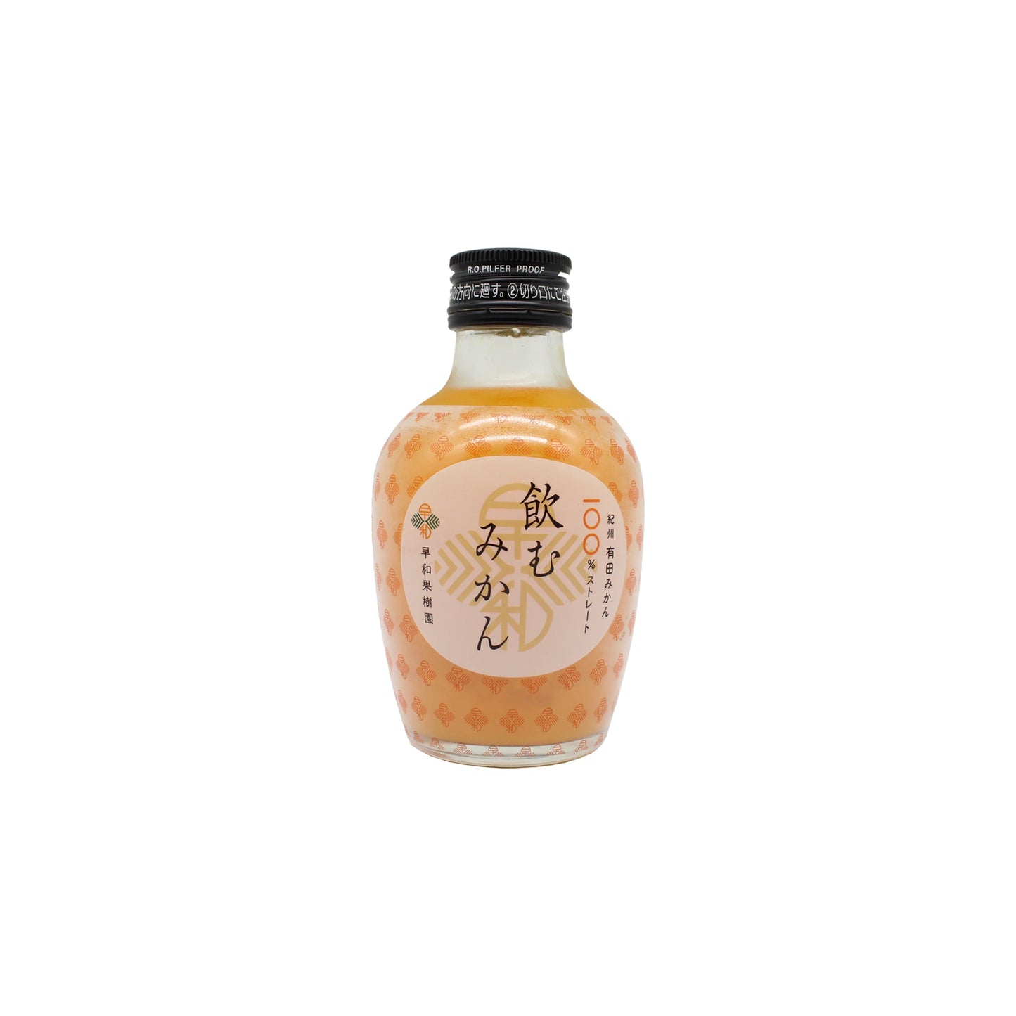 A 180ml bottle of Mikan Juice with vibrant orange juice, Japanese text on the front label, and a black screw cap.