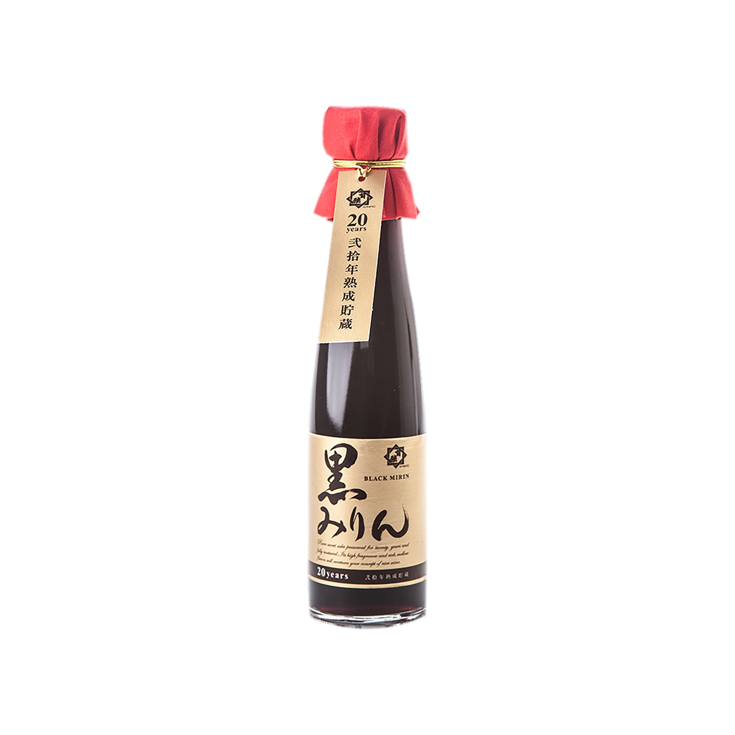 A bottle of 20 Year Aged Black Hon Mirin, natural and pure, with a beige label featuring black text and a red cloth over the cap, is displayed against a white background.