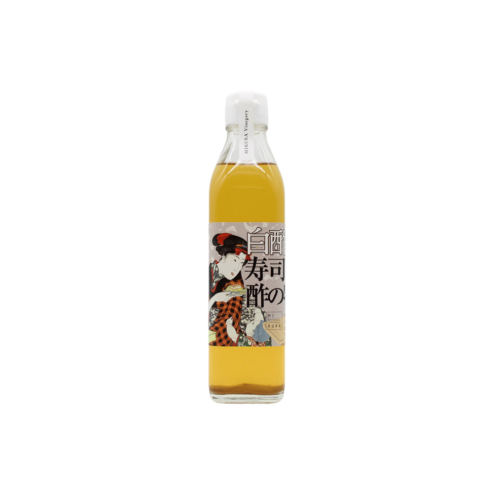 White Vinegar for Sushi & Salad comes in a clear glass bottle with yellow liquid, a white cap, and a label displaying Japanese text and traditional artwork of a woman. Its ideal for adding authentic umami flavor to your dishes.