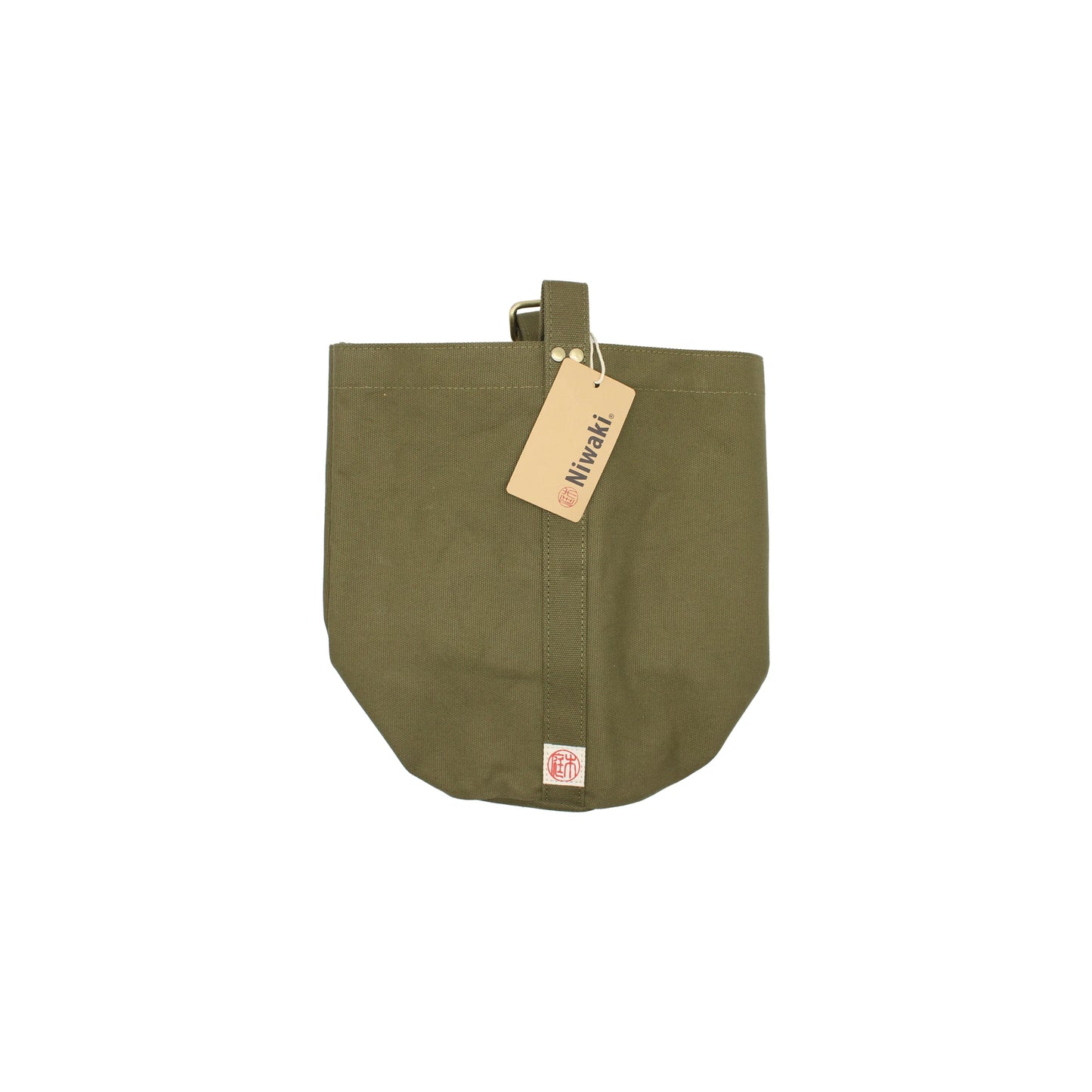 
                  
                    The Mini Kantan Bag - Green is made from water-resistant canvas, with a top handle, center-stitched seam, and rectangular Niwaki tag near the handle—ideal as an everyday bucket bag.
                  
                