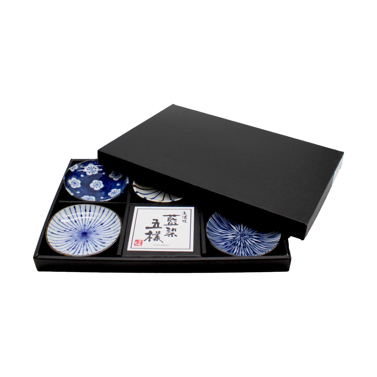 A partially open black box reveals the 'Aizome' 5 Piece Mini Plate Gift Set, featuring assorted blue and white patterned Japanese mini plates.