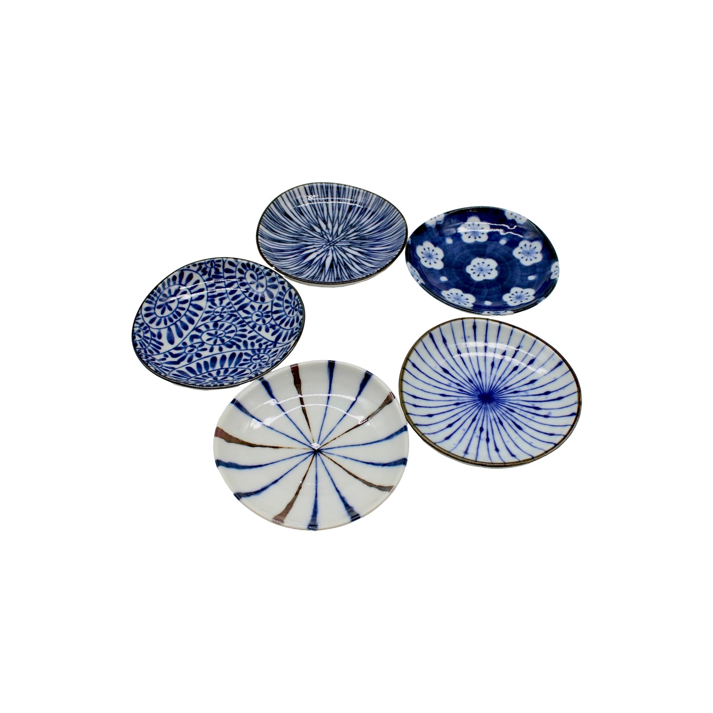 
                  
                    The 5 Piece Mini Plate Gift Set - 'Aizome' features five small porcelain plates with unique blue and white designs, arranged together on a white background—ideal as a mini Japanese gift set.
                  
                