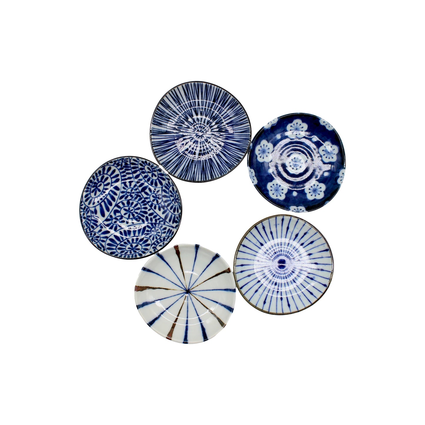 
                  
                    The 5 Piece Mini Plate Gift Set - 'Aizome' features small porcelain plates with unique blue and white geometric and floral designs, beautifully arranged on a white background—an ideal mini Japanese plate gift.
                  
                