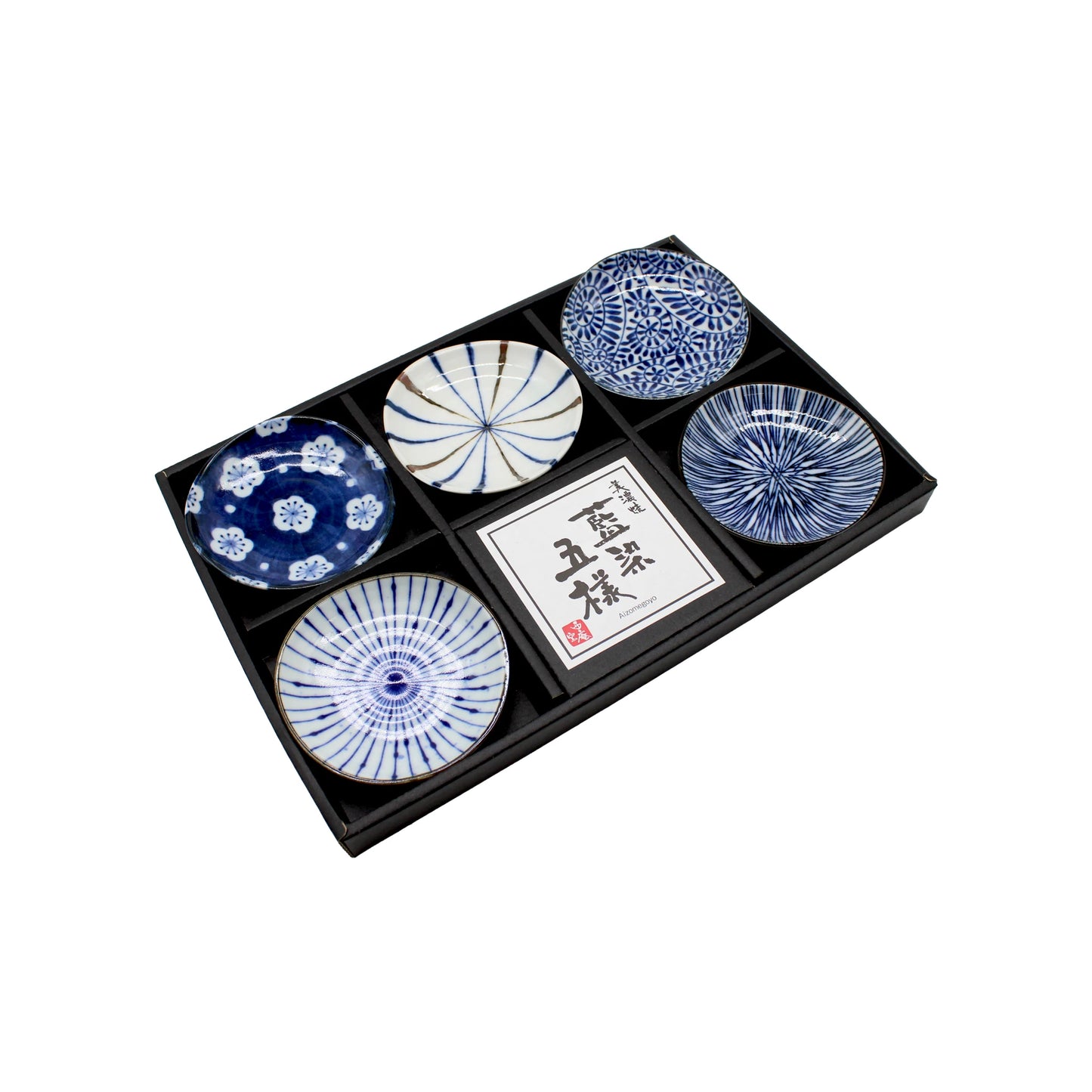 The 5 Piece Mini Plate Gift Set - 'Aizome' includes five mini Japanese plates with blue and white designs, beautifully boxed—a stylish Japanese plate gift set perfect for any occasion.