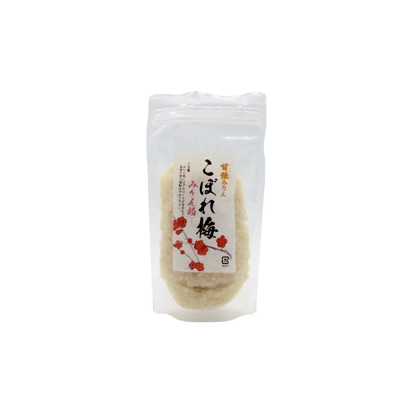 A clear resealable bag of Mirin Kasu Paste - 200g, a Japanese cooking ingredient, with a white label showing Japanese text and red flower designs.