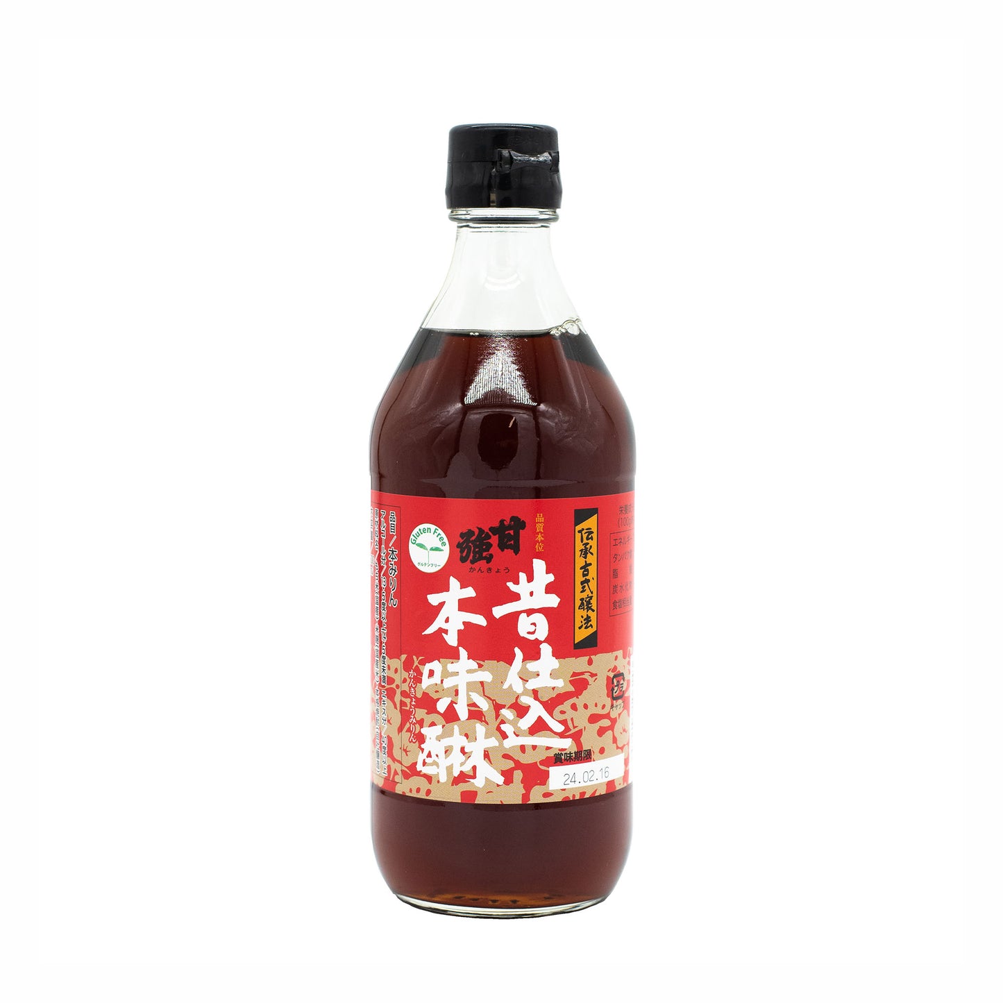 A 500ml bottle of Old Fashioned Mukashi Jikomi Mirin, featuring a black cap and red, white, and gold label with Japanese text—this traditional mirin is expertly crafted for authentic flavor.