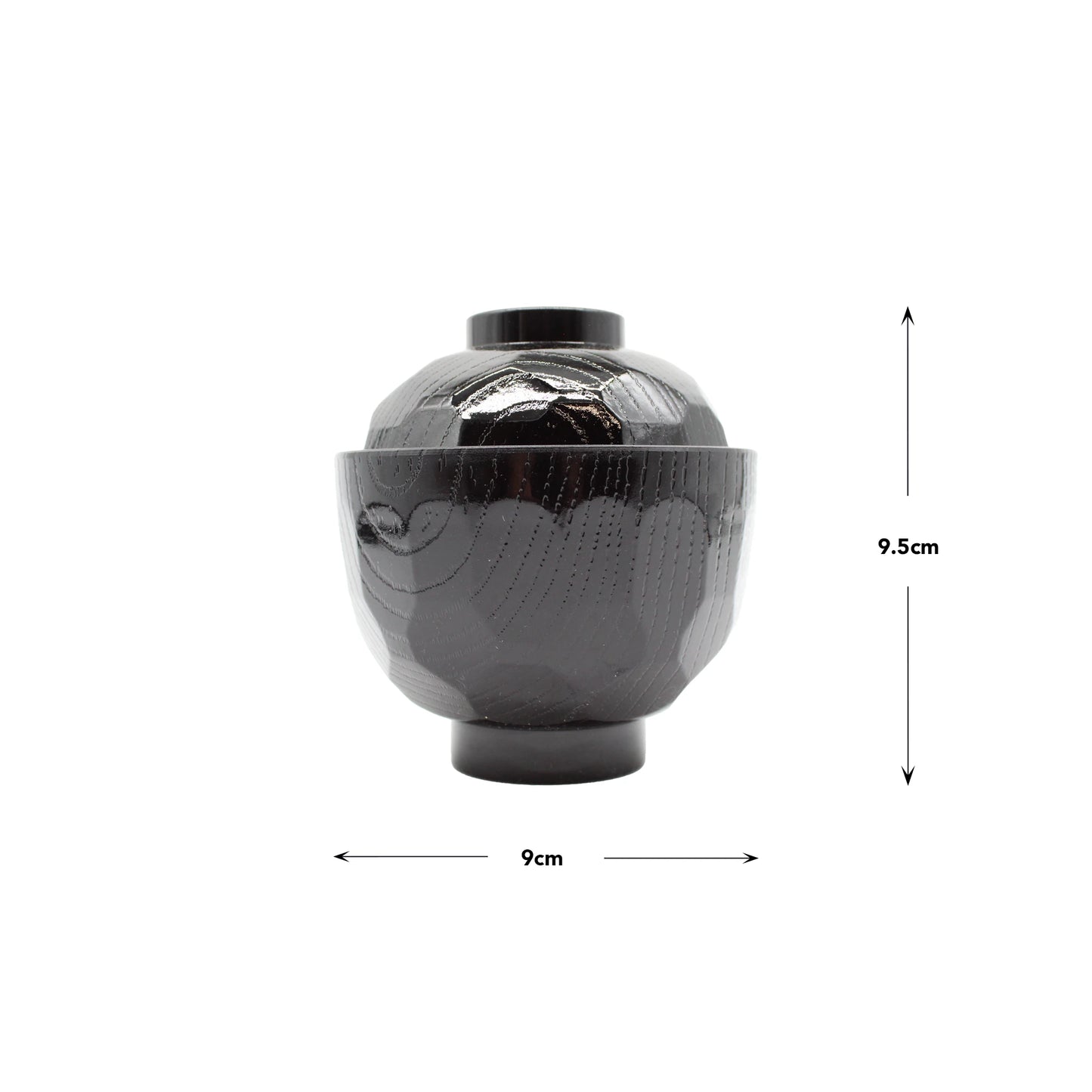 
                  
                    The Miso Bowl With Lid - Black is a Japanese lacquer bowl made from ABS plastic, featuring a textured surface and lid. It measures 9 cm in diameter and 9.5 cm in height; arrows indicate its dimensions.
                  
                