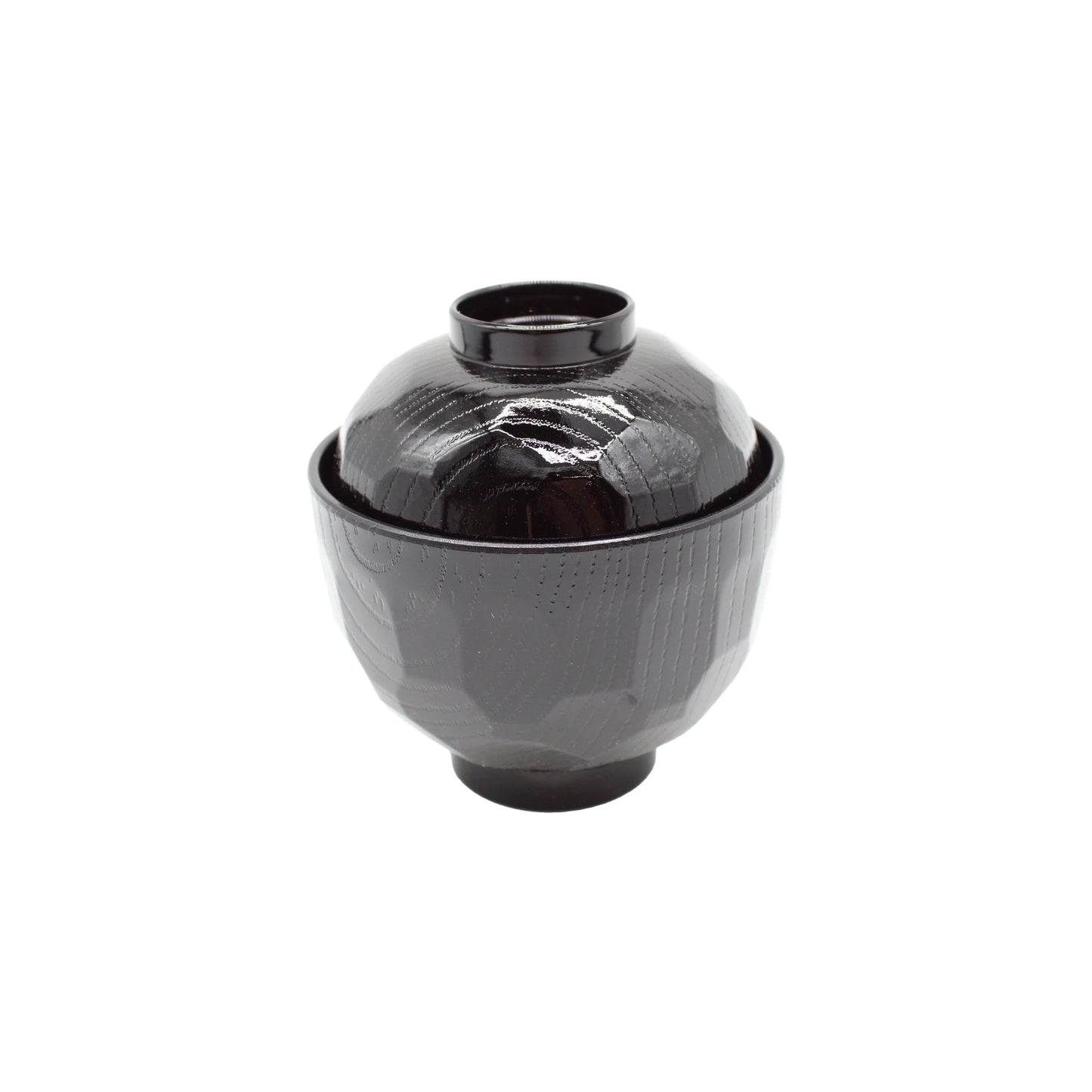 
                  
                    The Miso Bowl With Lid - Black is a durable ABS plastic Japanese lacquer bowl with a patterned design, shown with its lid on a white background.
                  
                