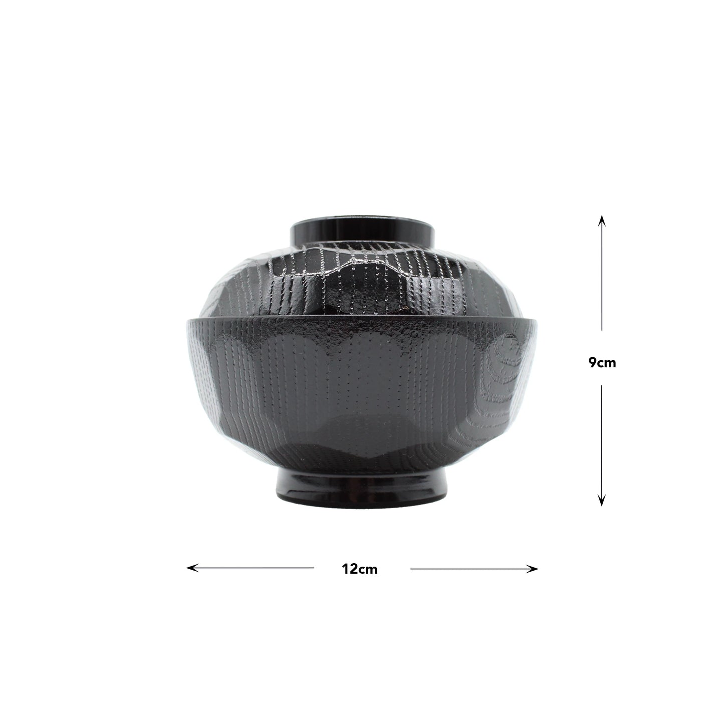 
                  
                    The Miso Bowl With Lid features a black textured finish inspired by Japanese lacquerware, measuring 12 cm wide and 9 cm tall.
                  
                
