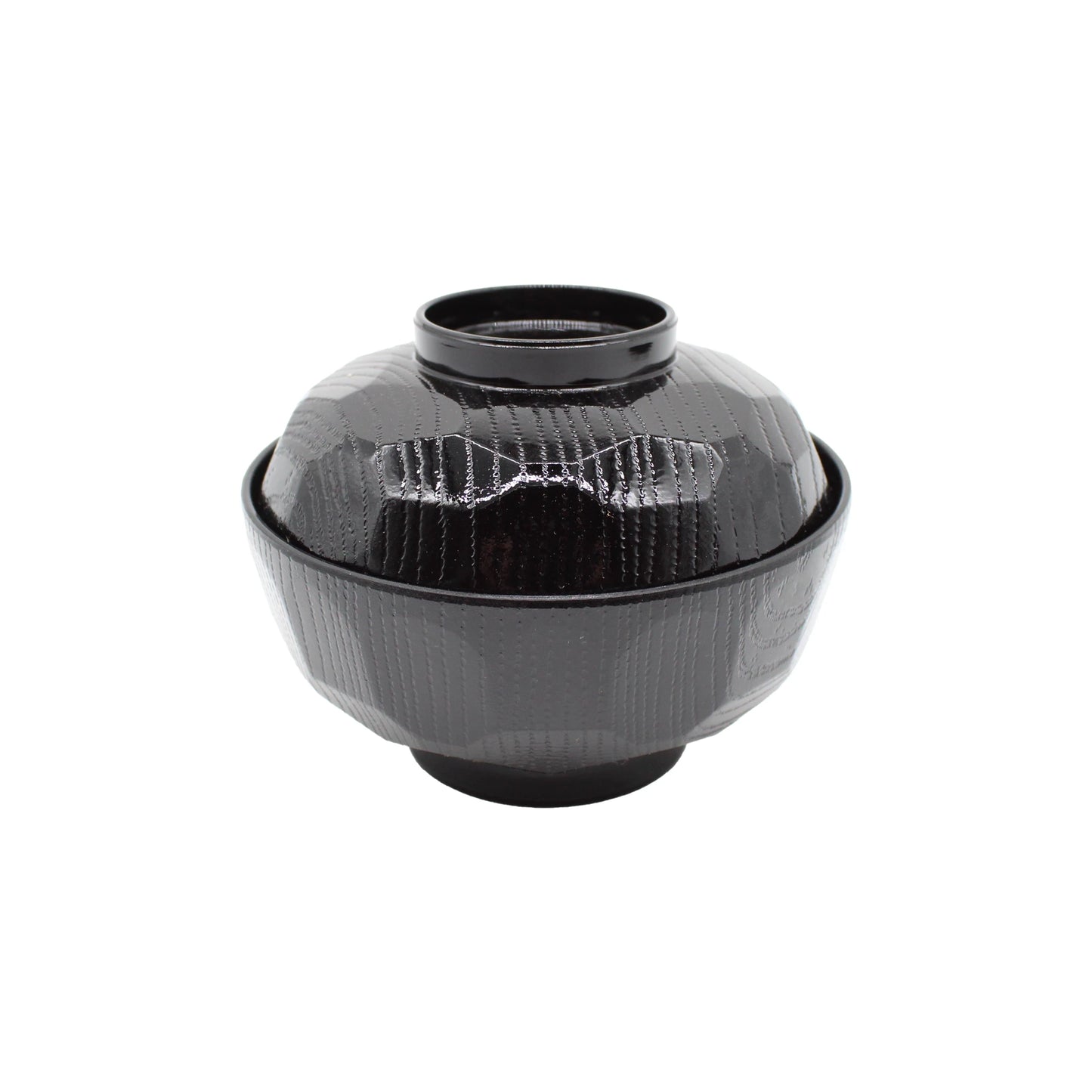 
                  
                    The Miso Bowl With Lid is a black, textured Japanese lacquerware bowl paired with a matching fitted lid, photographed against a plain white background.
                  
                