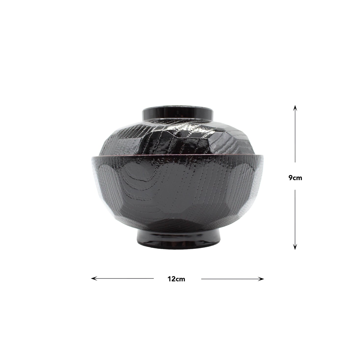
                  
                    The Miso Bowl With Lid, made of black textured Japanese lacquerware, is shown from the front. Measurement arrows indicate its size: 12 cm wide and 9 cm tall.
                  
                