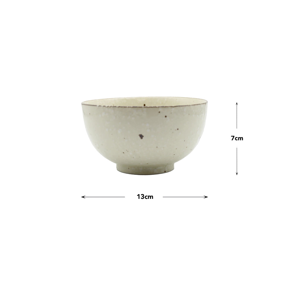 The Miso Bowl - Fleck is a white Japanese porcelain bowl featuring a unique speckling pattern, measuring 13 cm in diameter and 7 cm high.
