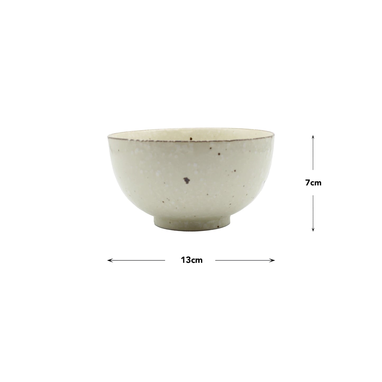 The Miso Bowl - Fleck is a white Japanese porcelain bowl featuring a unique speckling pattern, measuring 13 cm in diameter and 7 cm high.