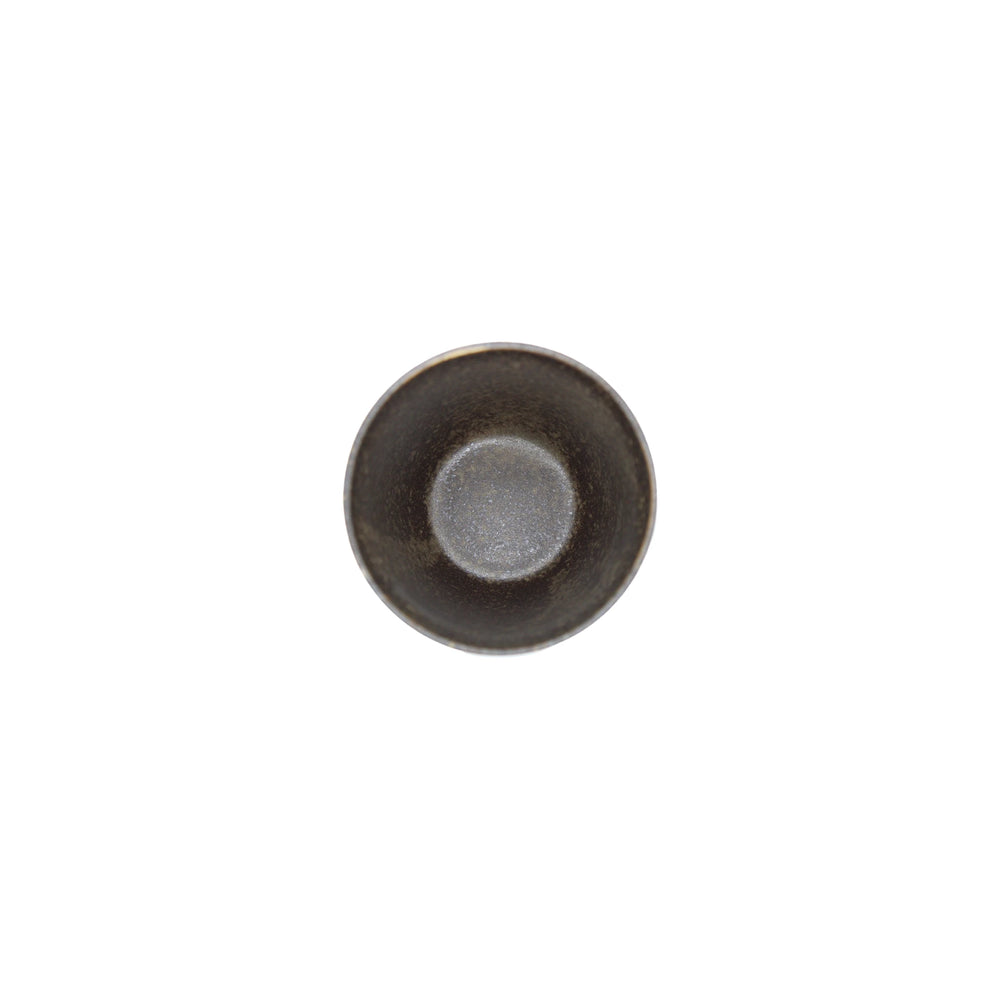 A small, round handmade Minoyaki porcelain Tea Mug - Mocha is viewed from above against a plain white background.