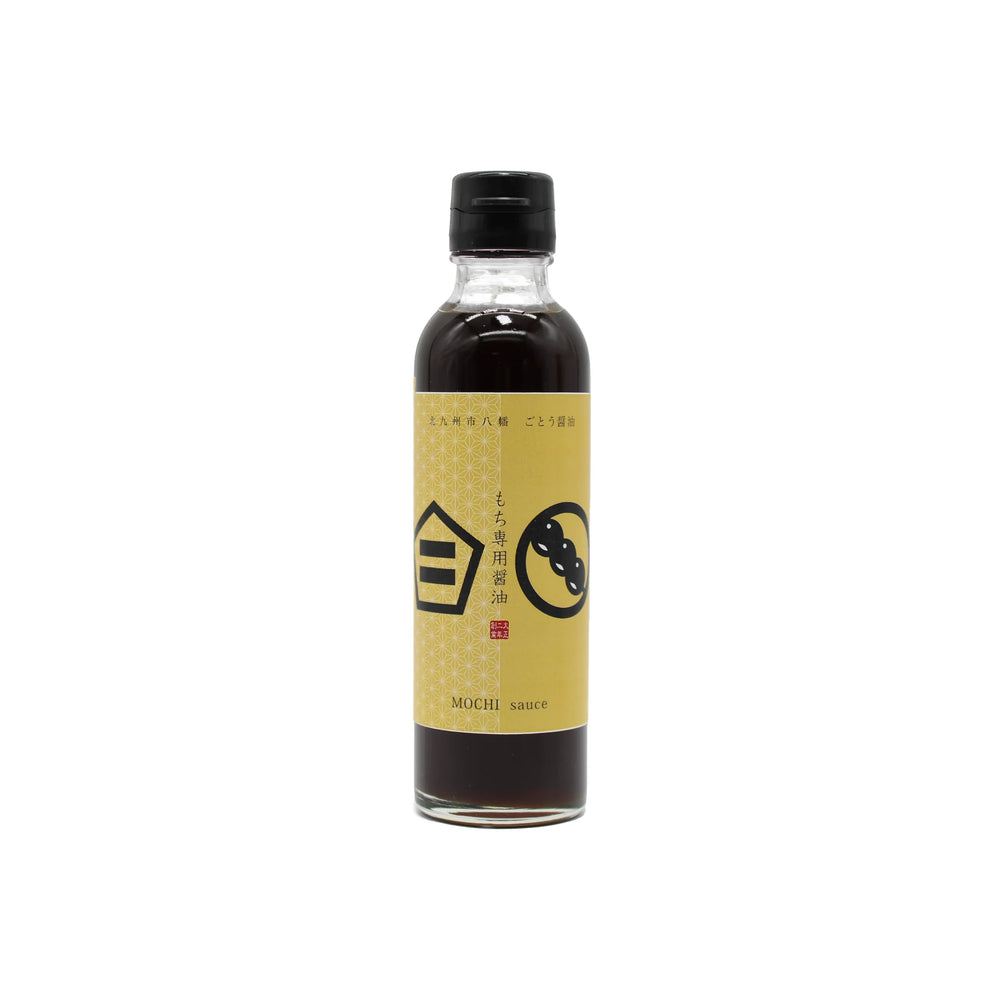 A 200ml glass bottle of Sweet Soy Sauce for Mochi Rice with a black cap and yellow Japanese label, shown on a white background—ideal for pairing with mochi rice or drizzling over desserts with black sugar.