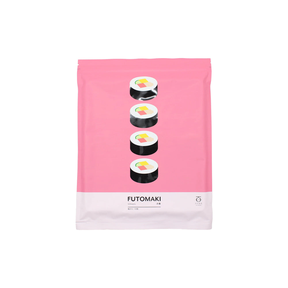 A pink and white package labeled Futomaki - Roasted Nori - 10 Sheets displays three vertically arranged futomaki sushi roll illustrations on the front, emphasizing the use of roasted nori seaweed sheets.