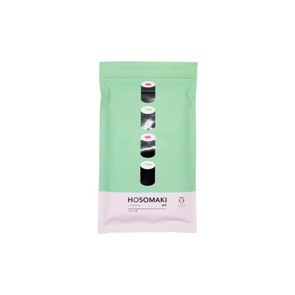 A green and white package labeled Hosomaki - Roasted Nori - 20 Half Sheets, featuring three sushi roll illustrations wrapped in nori on the front.