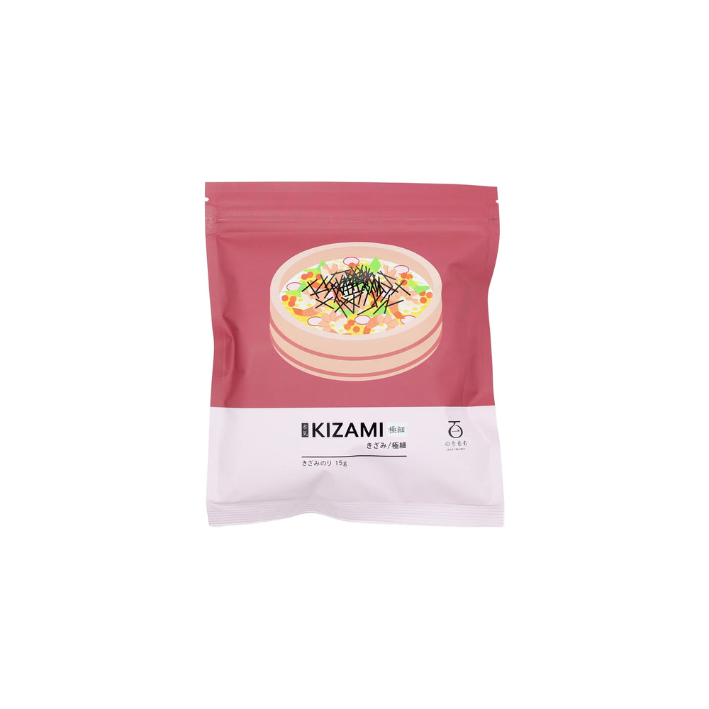 A pink and white resealable bag labeled Kizami - Finely Chopped Nori - 15g features a bowl of Japanese cuisine topped with shredded nori, highlighting the umami flavour of Kizami Nori on the front.