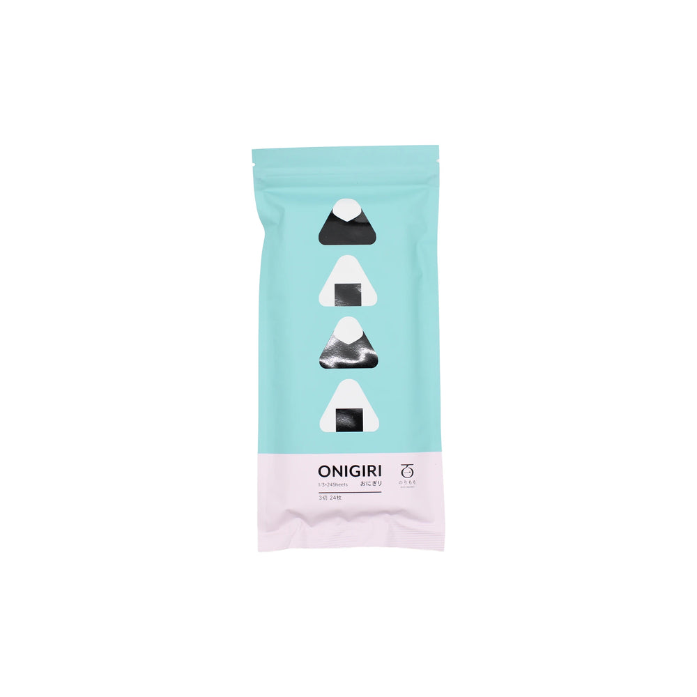 A light blue and white resealable package labeled “ONIGIRI – Roasted Nori – 24 Sheets,” featuring a minimalist design with three triangle icons, ideal for storing onigiri rice balls or sushi rolls.