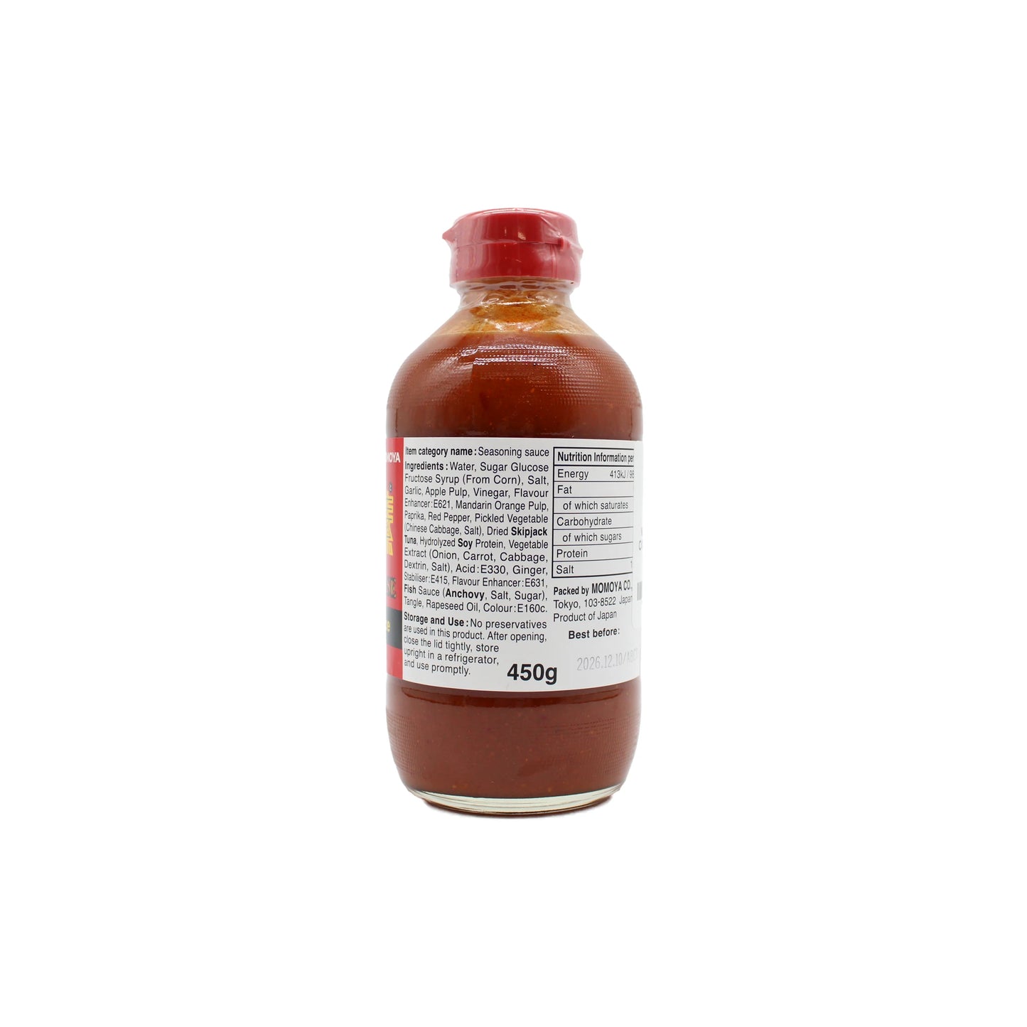 Momoya Kimchi No Moto Sauce comes in a clear 450ml glass bottle with a red cap, filled with Korean-style brown sauce. The back label details ingredients and nutrition—perfect as a kimchi base.