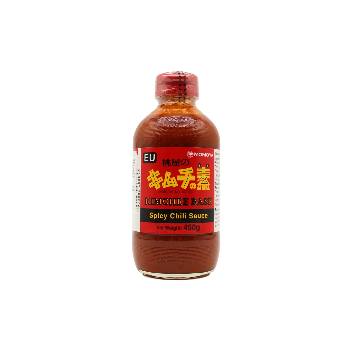 A 450ml bottle of Momoya Kimchi No Moto Sauce, a Korean-style kimchi base with a red cap and label featuring Japanese and English text, displayed against a plain white background.