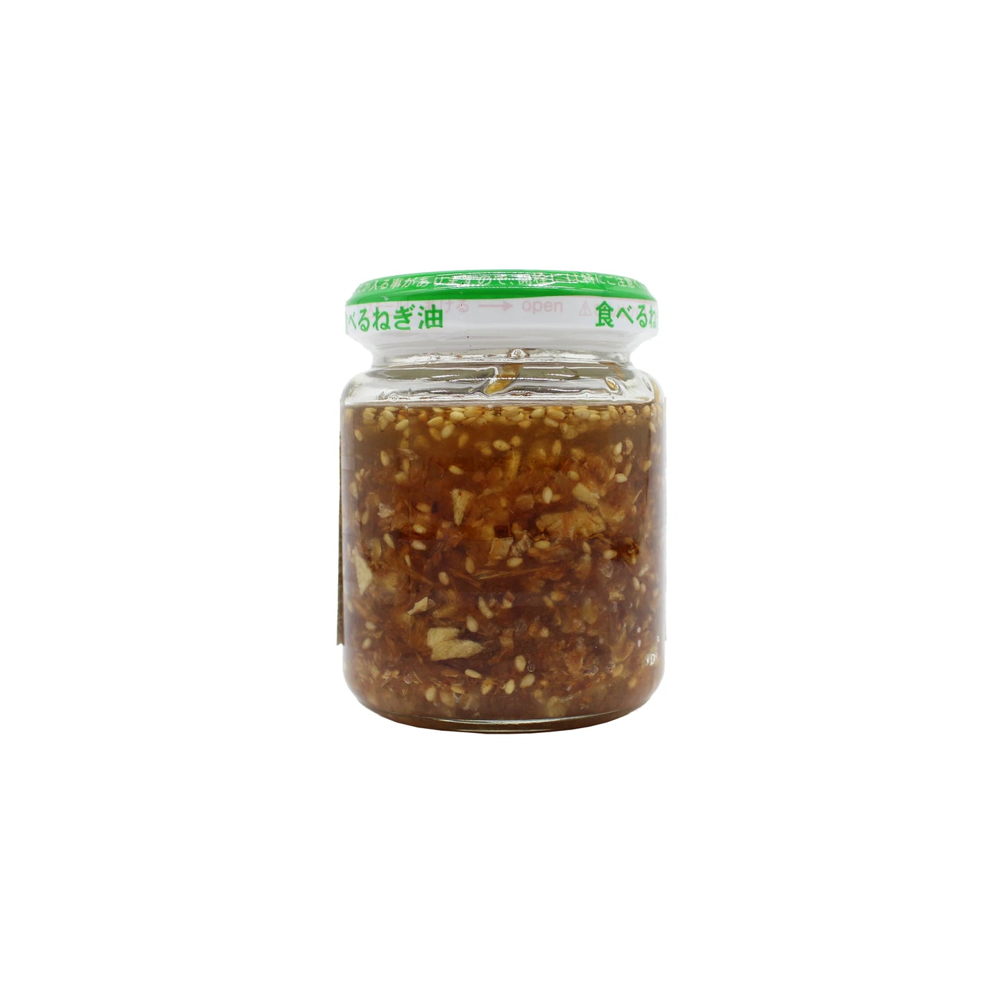 A 100g jar of Momoya Roasted Green Onion Oil, featuring a green lid and chunky sauce with visible sesame seeds and minced ingredients, displayed against a white background.