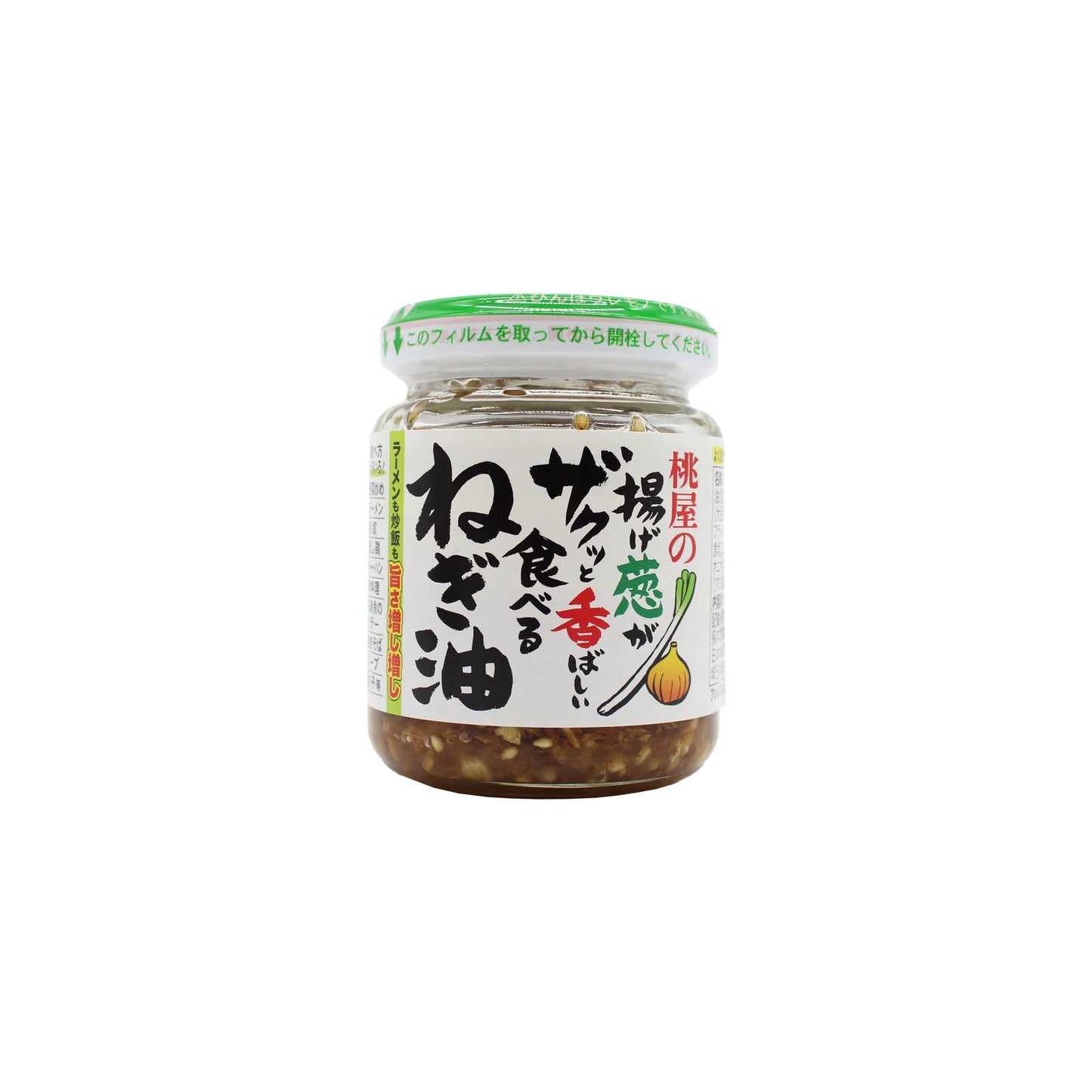 Momoya Roasted Green Onion Oil (100g) is a Japanese condiment featuring chopped ingredients in oil, with Japanese labeling and a green onion image—ideal as an umami seasoning or finishing oil to boost your favorite dishes.
