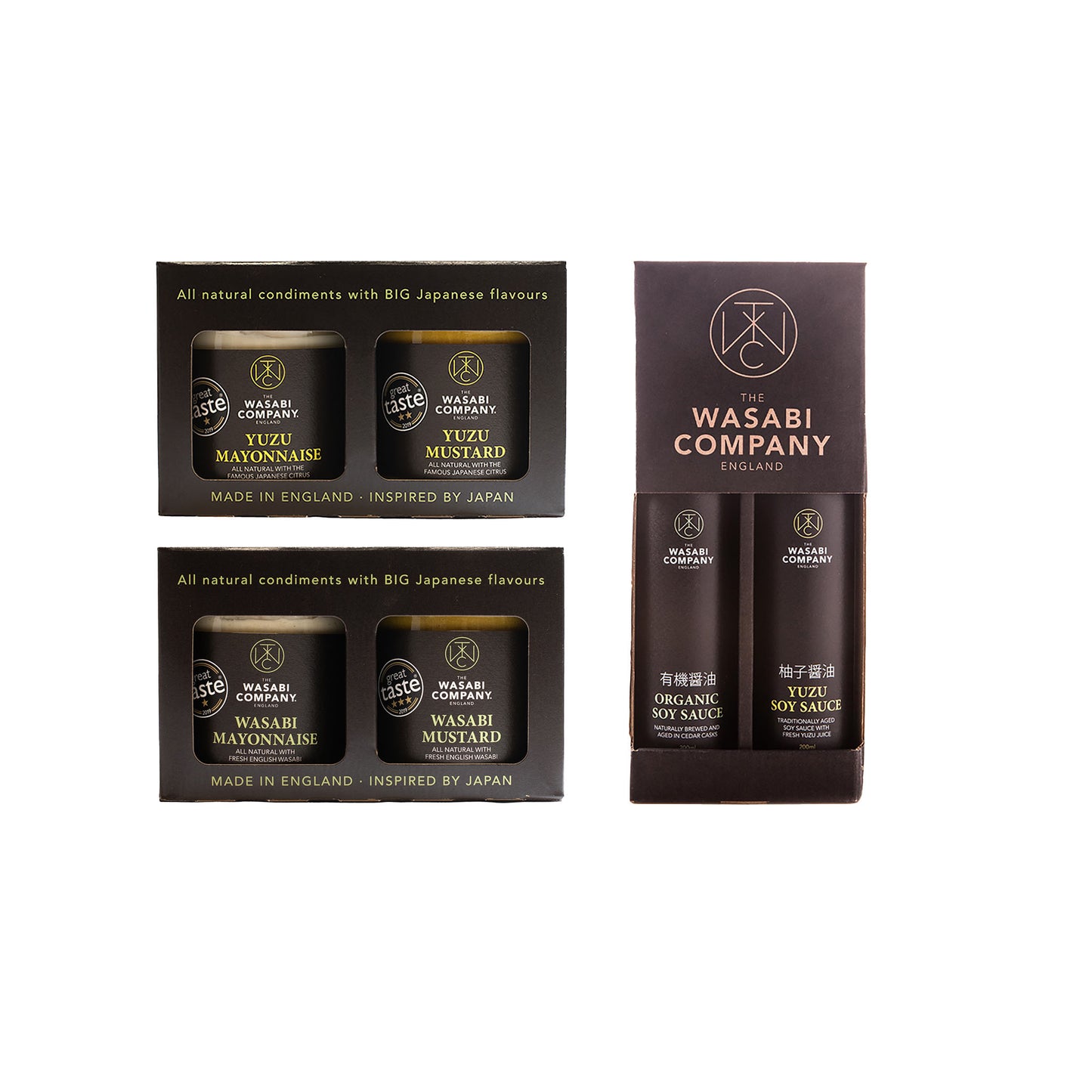 The Wasabi & Yuzu Double & Soy Twin Packs includes Yuzu Mustard, Wasabi Mustard, yuzu and wasabi mayonnaise, plus two bottles of Organic Soy Sauce from The Wasabi Company.