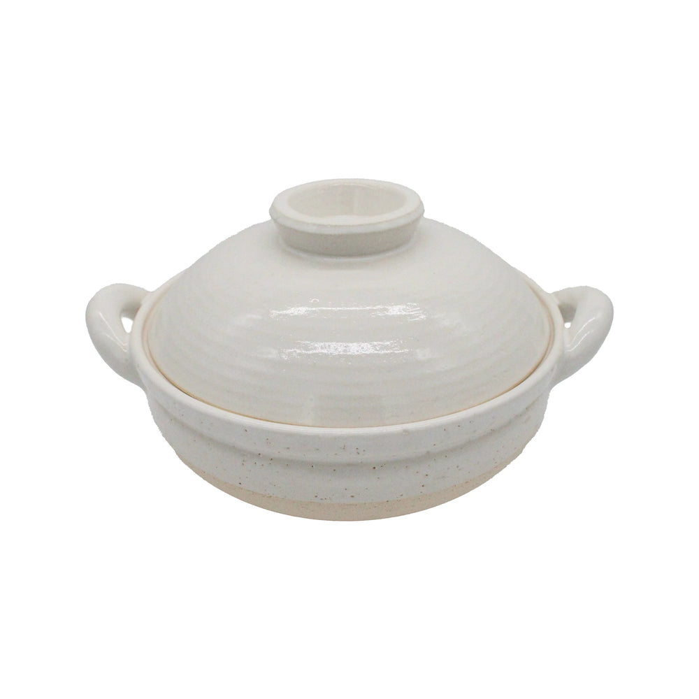 The Mushi Nabe Donabe Steamer - White Glaze is a white ceramic casserole dish with two handles and a matching lid featuring a round knob, perfect for generating steam inspired by traditional clay pot cooking.