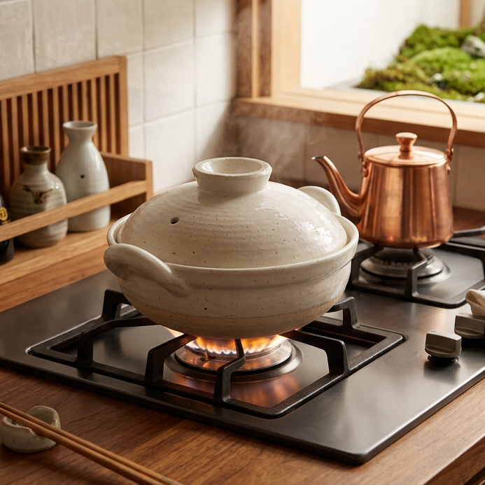 
                  
                    A lidded Mushi Nabe Donabe Steamer - White Glaze sits on a gas stove burner with steam rising from it, next to a copper tea kettle.
                  
                