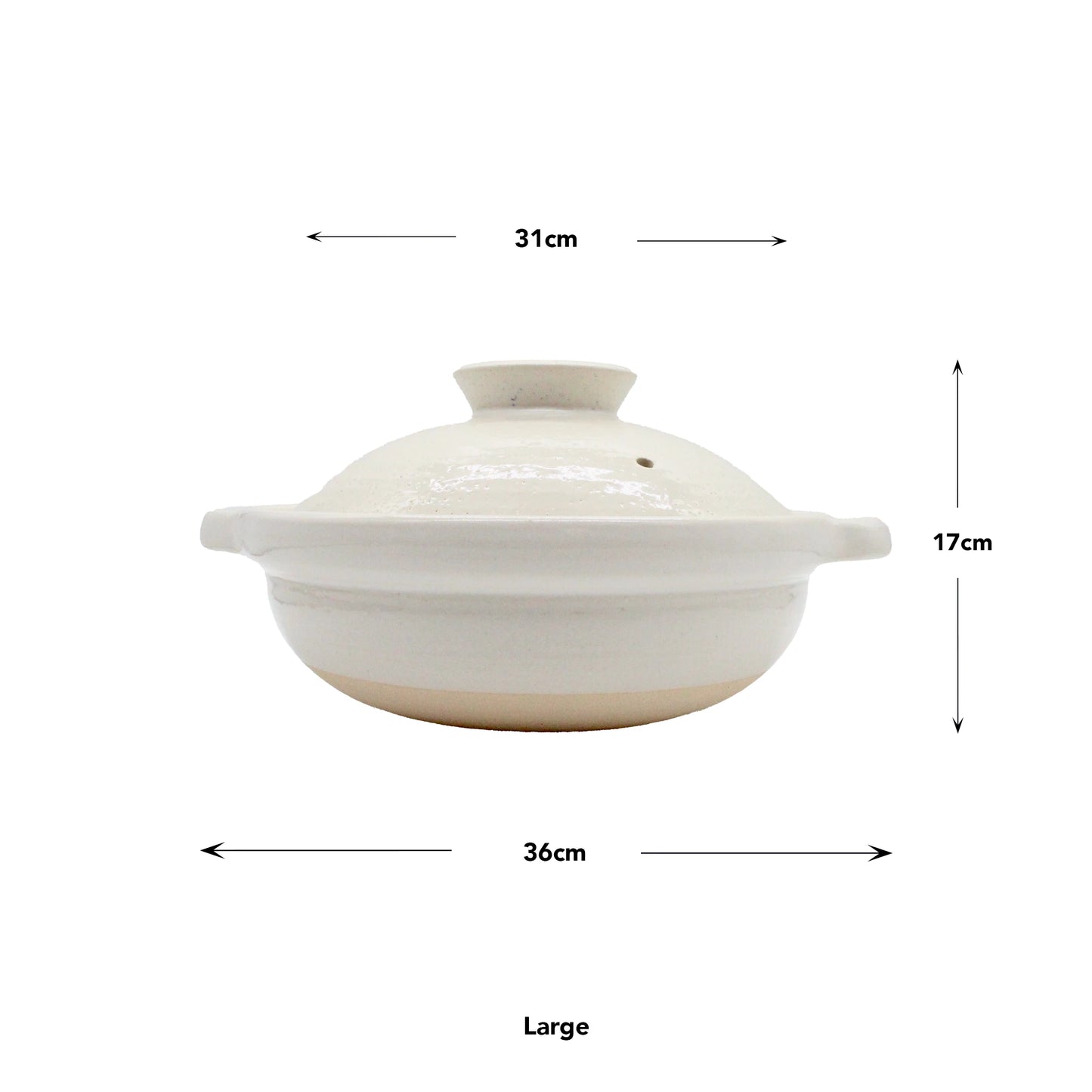 
                  
                    Iga Clay Cooking Pots - White Glaze with lid, ideal for Japanese hotpot. Large size; measures 36 cm wide, 31 cm deep, and 17 cm high. Shown on a plain background with measurement arrows.
                  
                