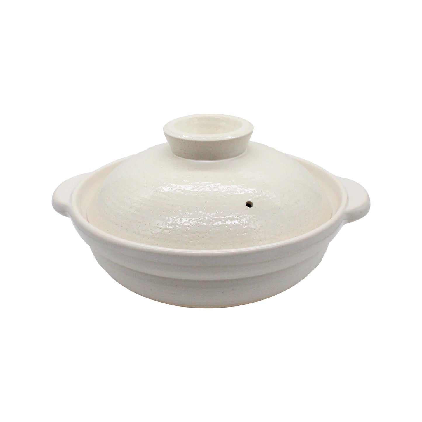 
                  
                    The Iga Clay Cooking Pot - White Glaze features a lid and side handles, ideal for Japanese hotpot, displayed against a plain background.
                  
                