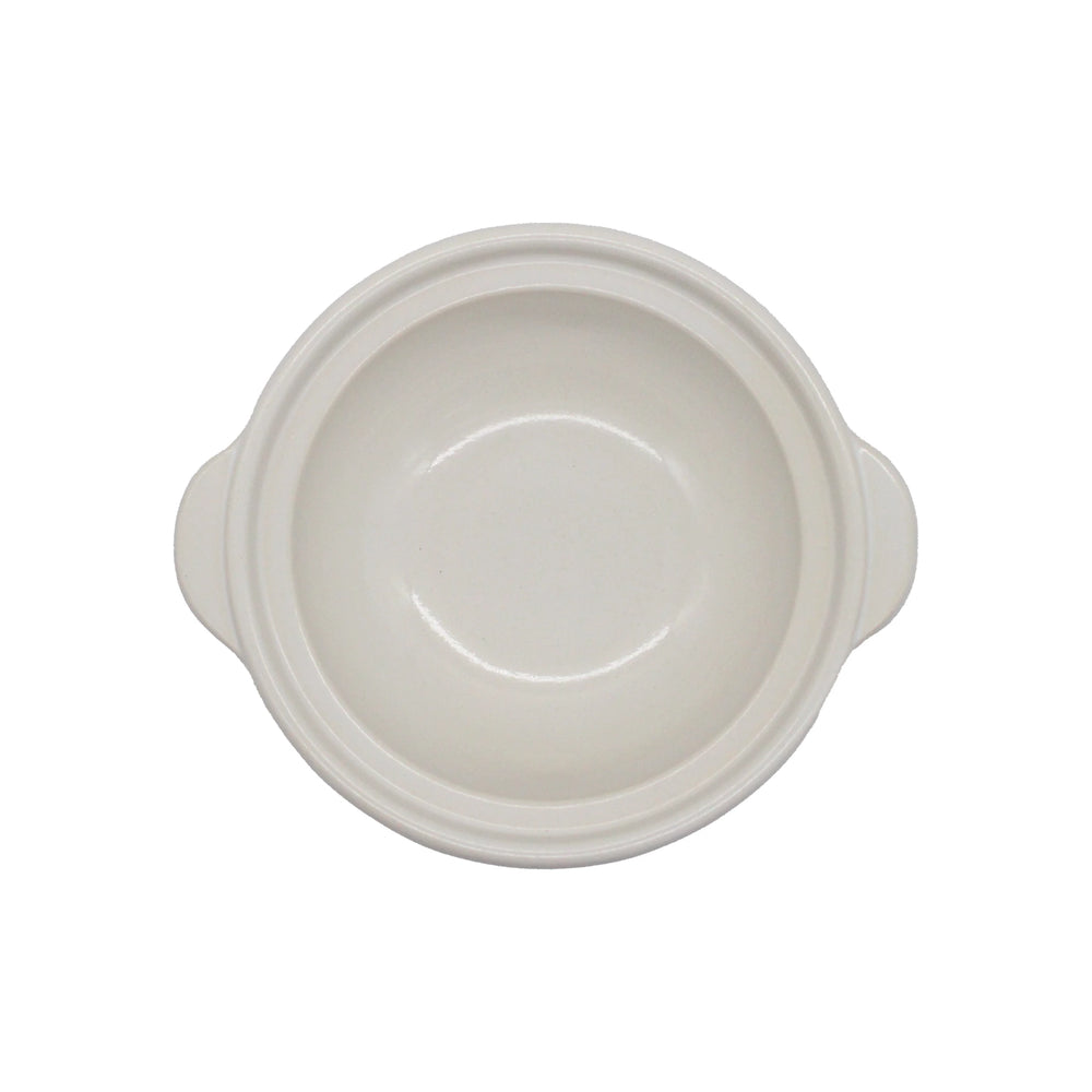 
                  
                    The Iga Clay Cooking Pots - White Glaze features a round, white design with two side handles, shown from above on a plain background—ideal for serving Japanese hotpots.
                  
                