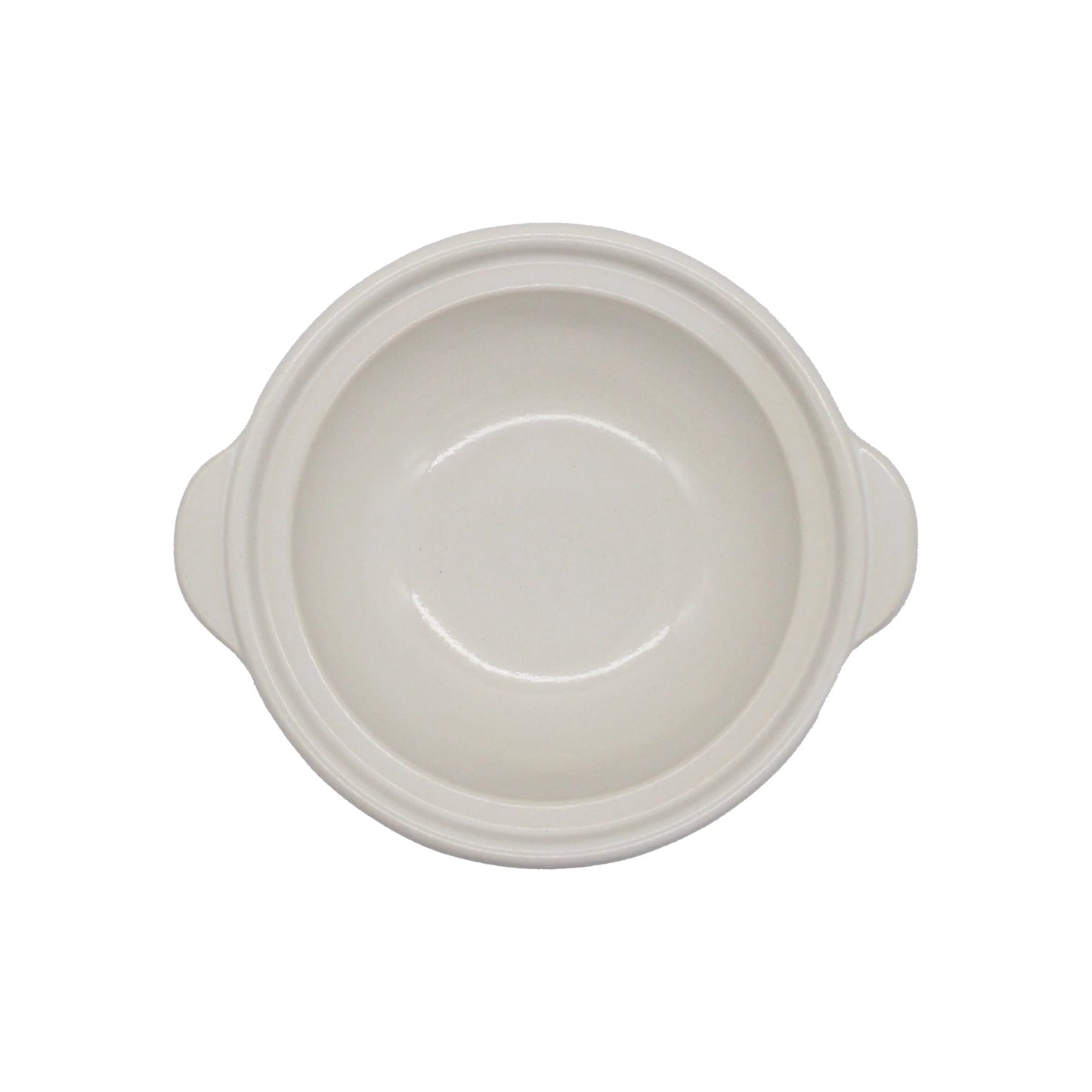 
                  
                    The Iga Clay Cooking Pots - White Glaze features a round, white design with two side handles, shown from above on a plain background—ideal for serving Japanese hotpots.
                  
                